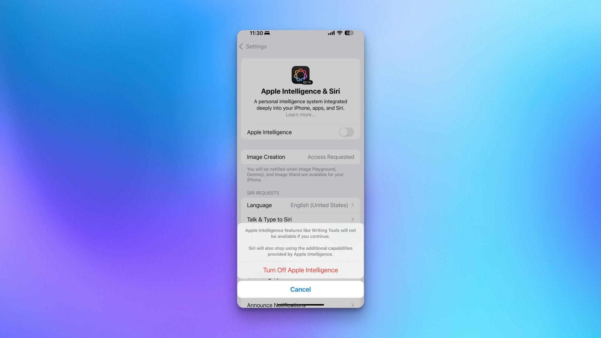 Désactivation de l'intelligence d'Apple sur un iPhone.