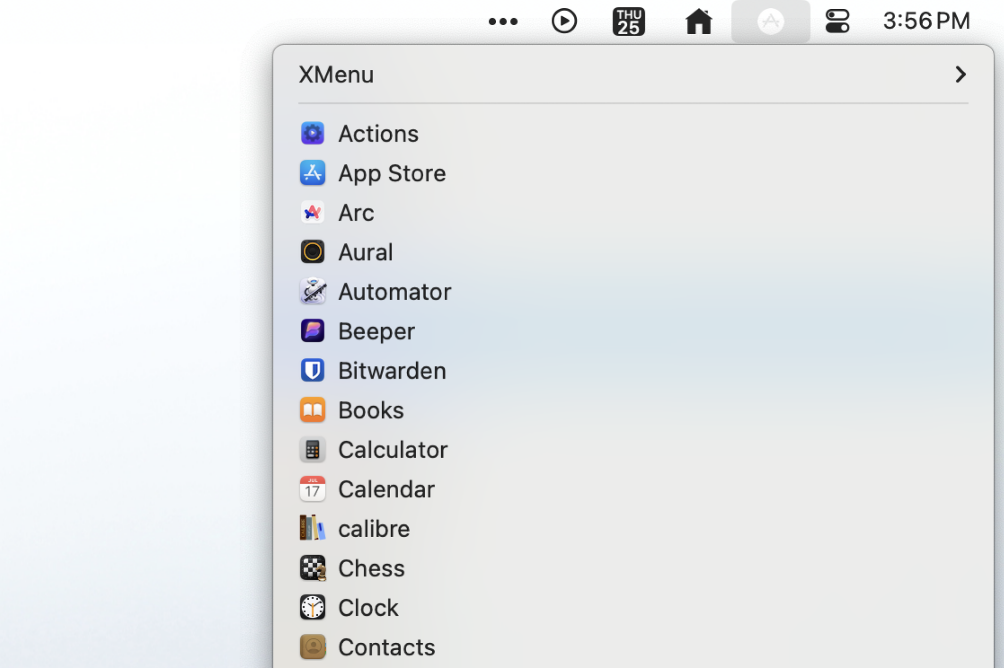 Une icône de barre de menu est cliquée, révélant un panneau contenant toutes les applications dans le dossier Applications.