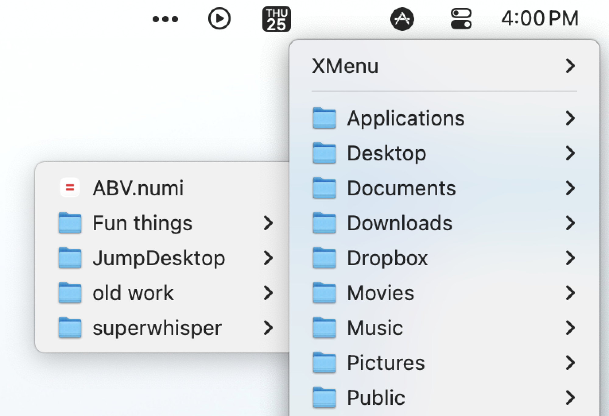 XMenu révélant le contenu de mon dossier personnel.