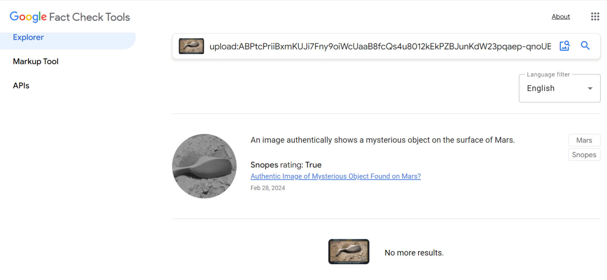 Vérification d'une image sur l'Explorateur de Vérification des Faits de Google