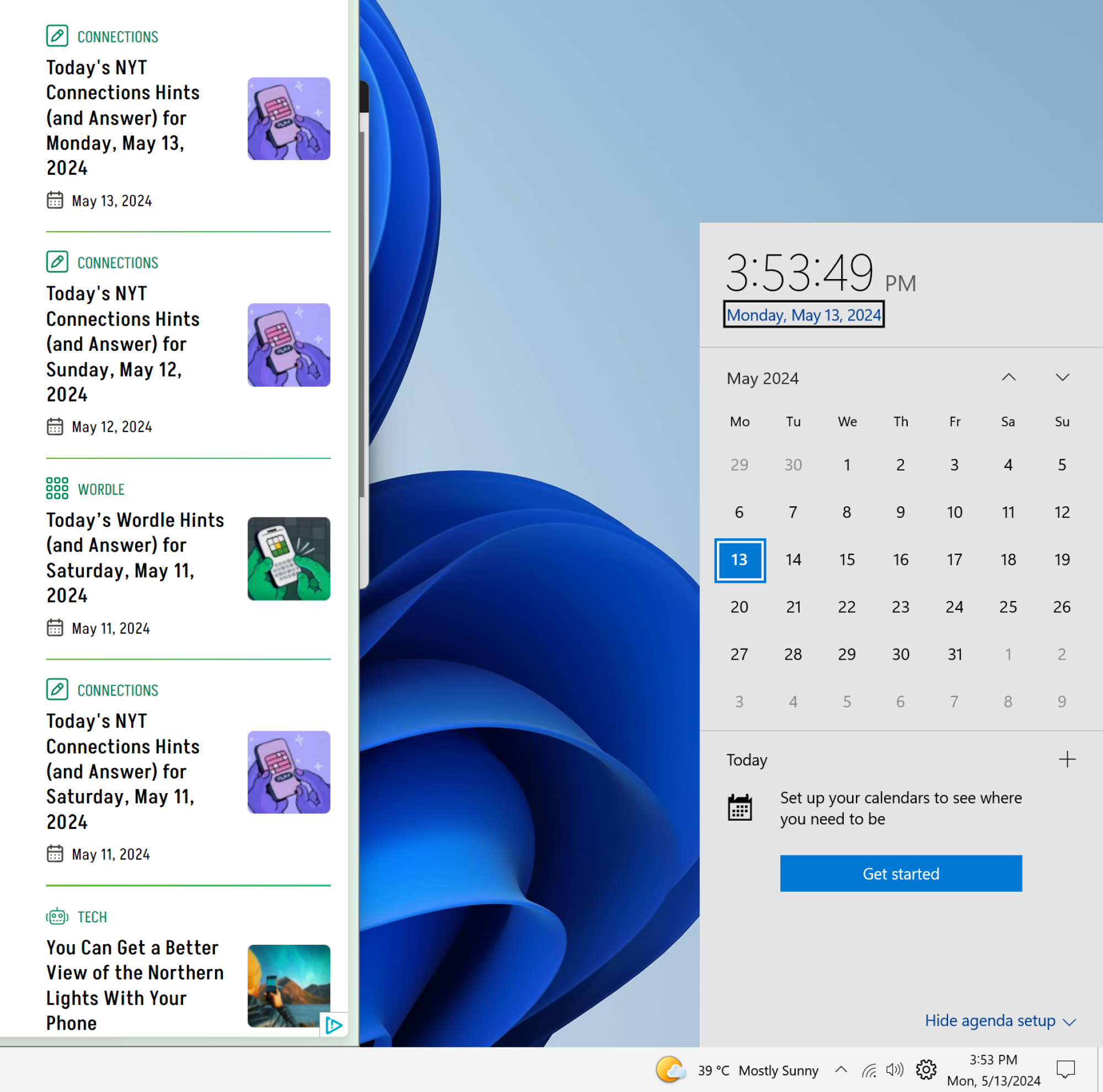 Calendrier de style Windows 10 et widget météo dans Windows 11