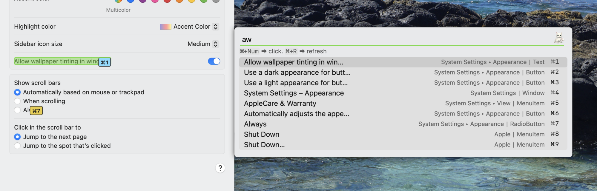 Rechercher 'aw' dans Shortcat me permet de cliquer rapidement sur l'option de teinte d'arrière-plan dans les paramètres système.