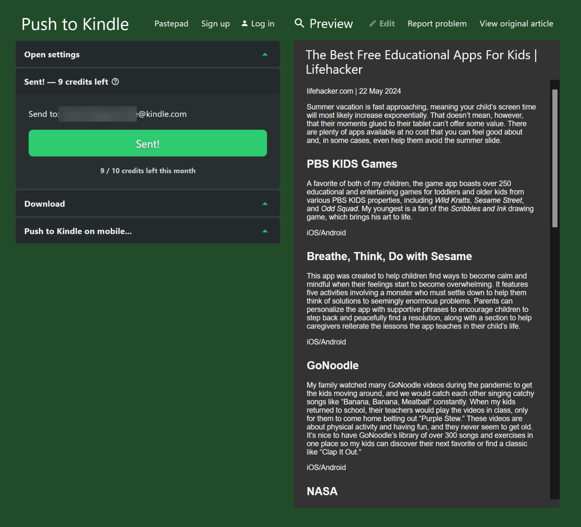 Envoyer des articles à Kindle en utilisant le service Push to Kindle.