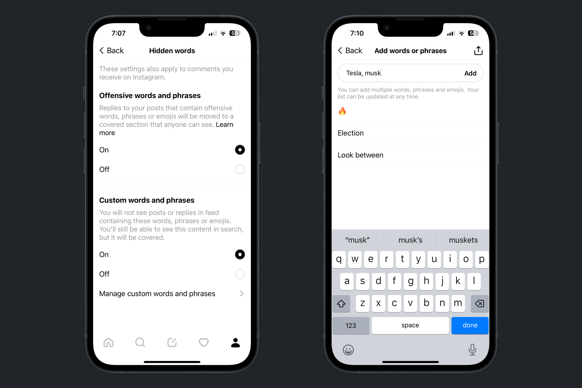 Muter des phrases dans l'application Threads.