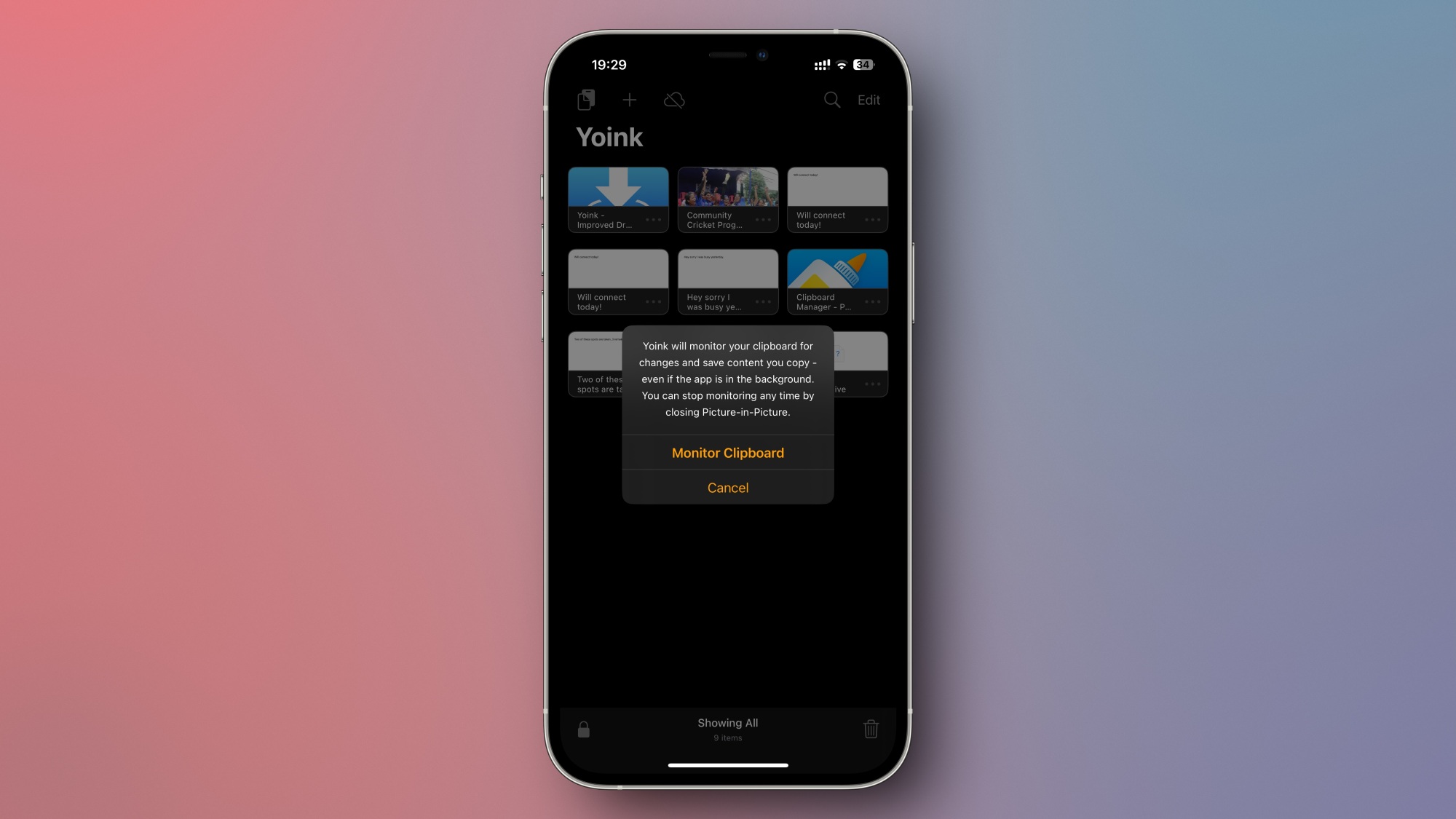 Yoink demandant la permission de surveiller le presse-papiers de votre iPhone.