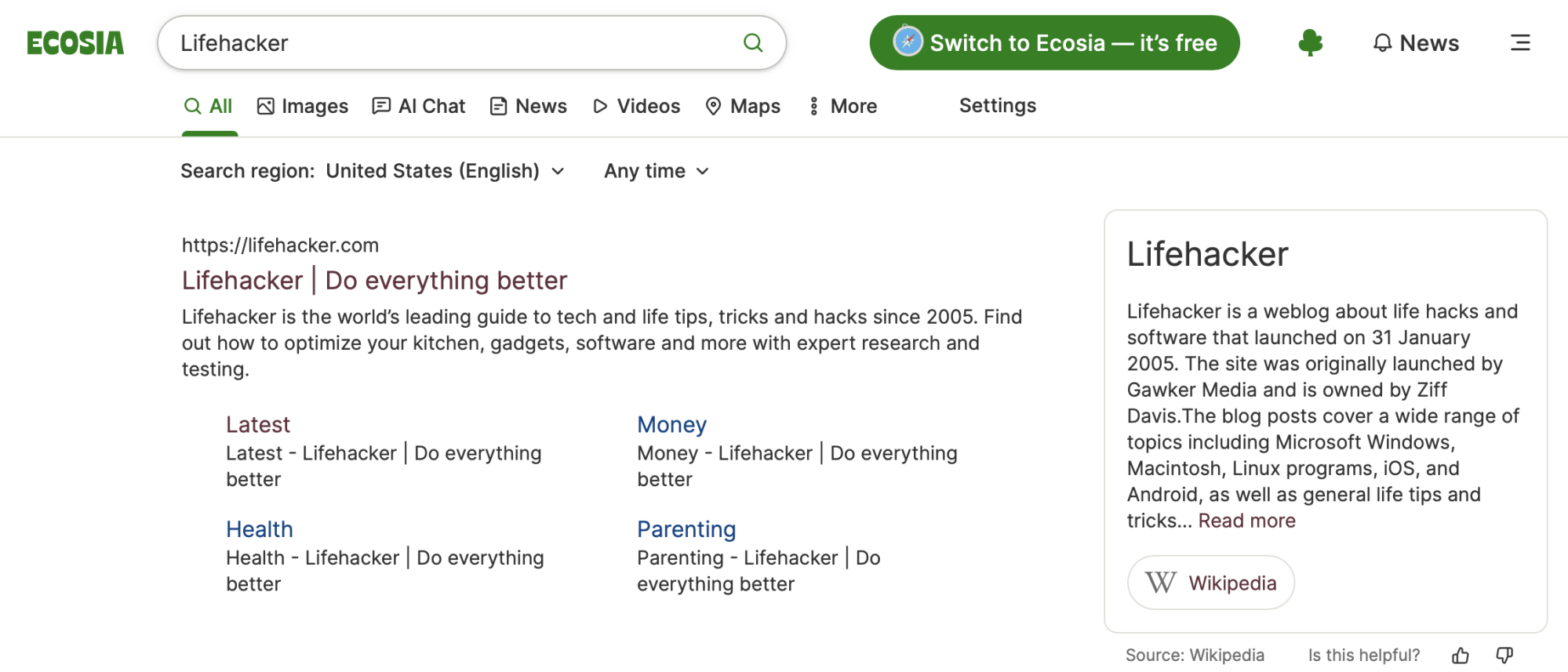 Une recherche Ecosia pour le mot