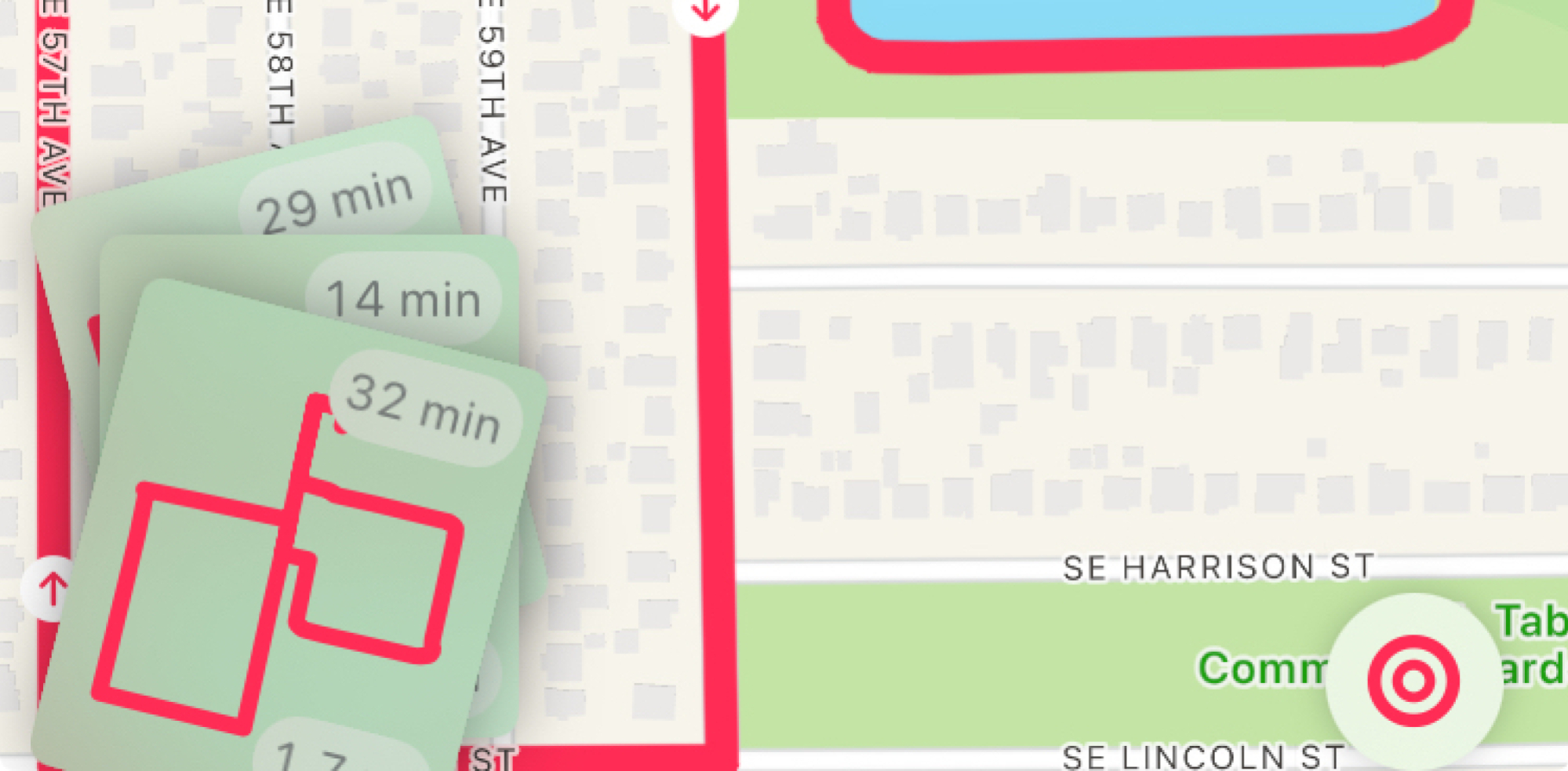 Le bas des applications, qui inclut trois 'cartes' représentant trois promenades différentes que je pouvais faire.