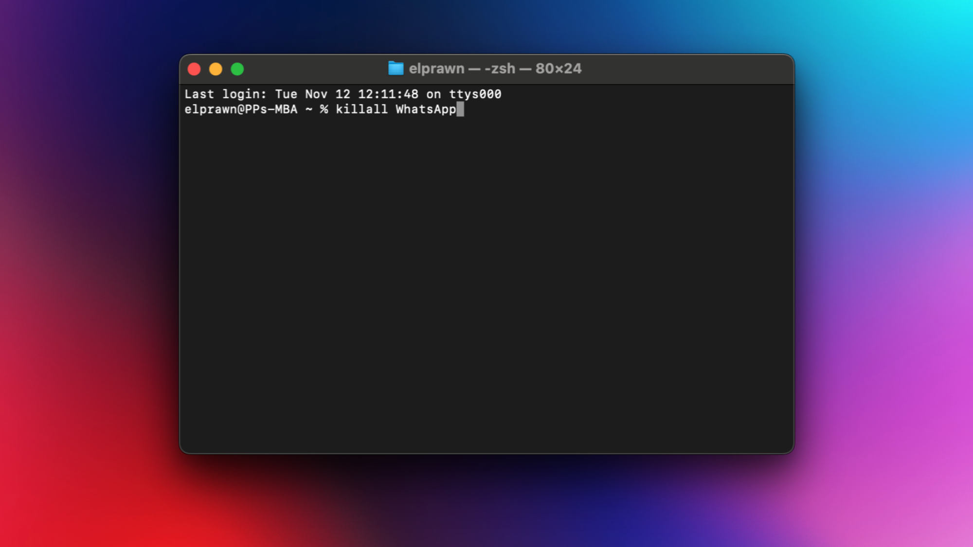 Le Terminal avec la commande killall tapée dans la fenêtre.