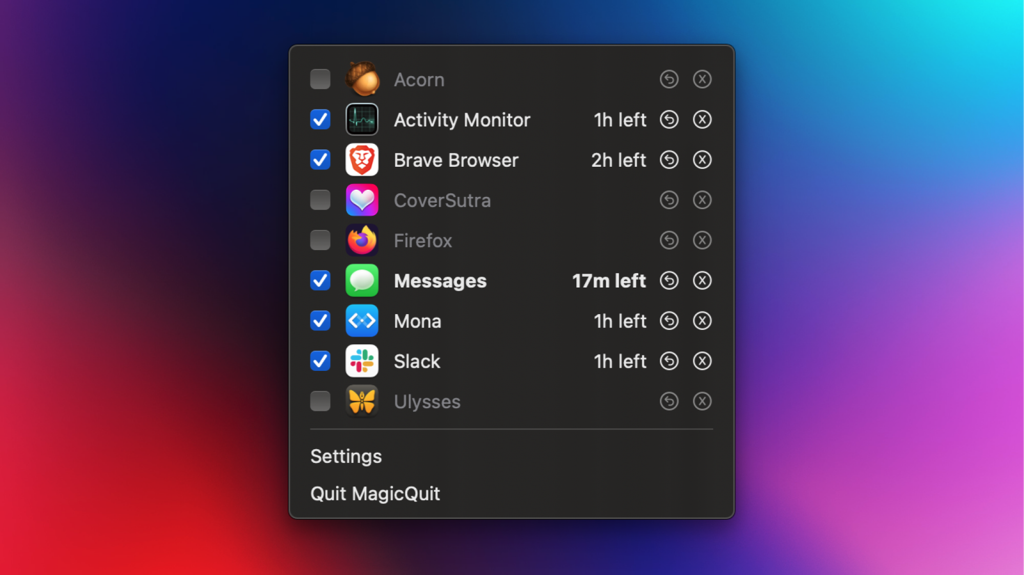L'application MagicQuit sur un Mac, avec une liste des applications en cours d'exécution et un chronomètre de fermeture indiqué.