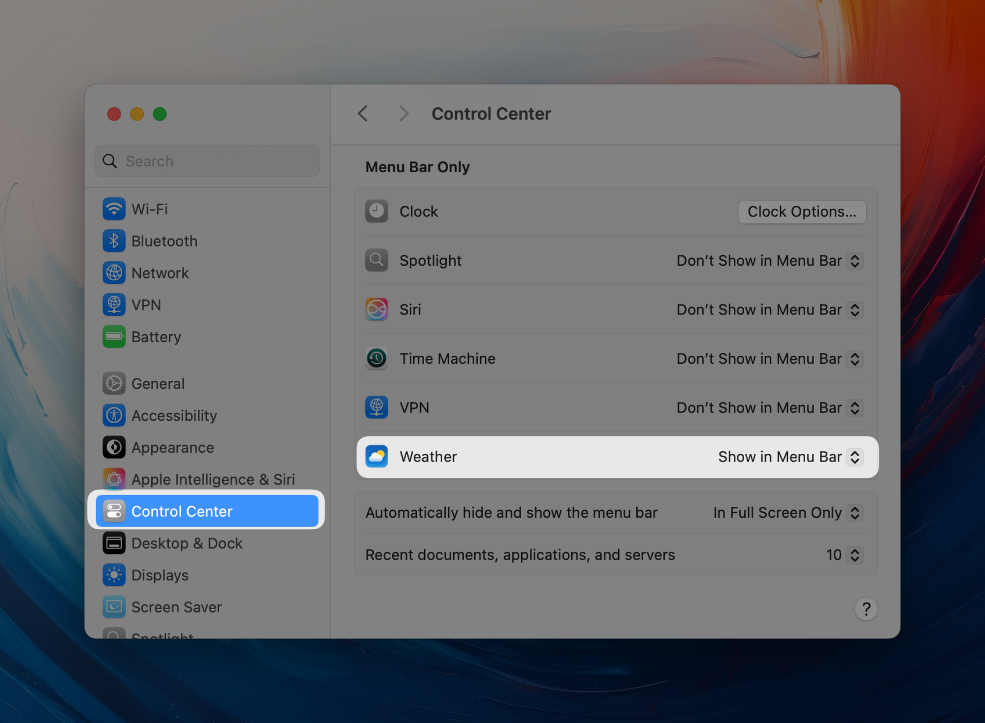 Activation du widget Météo dans la barre de menus mac.