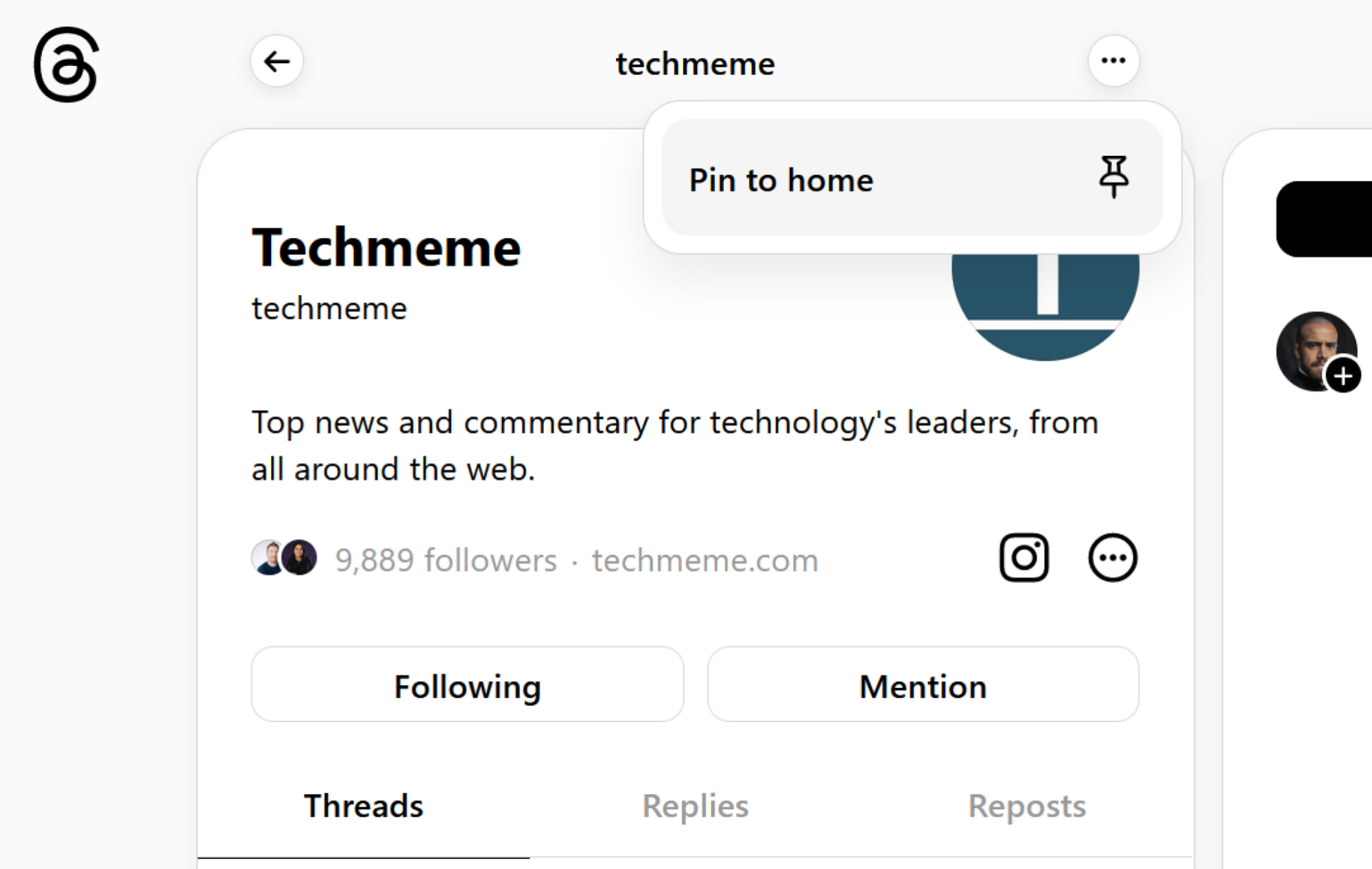 Épinglez une colonne sur l'écran d'accueil de Threads depuis la recherche ou le profil.