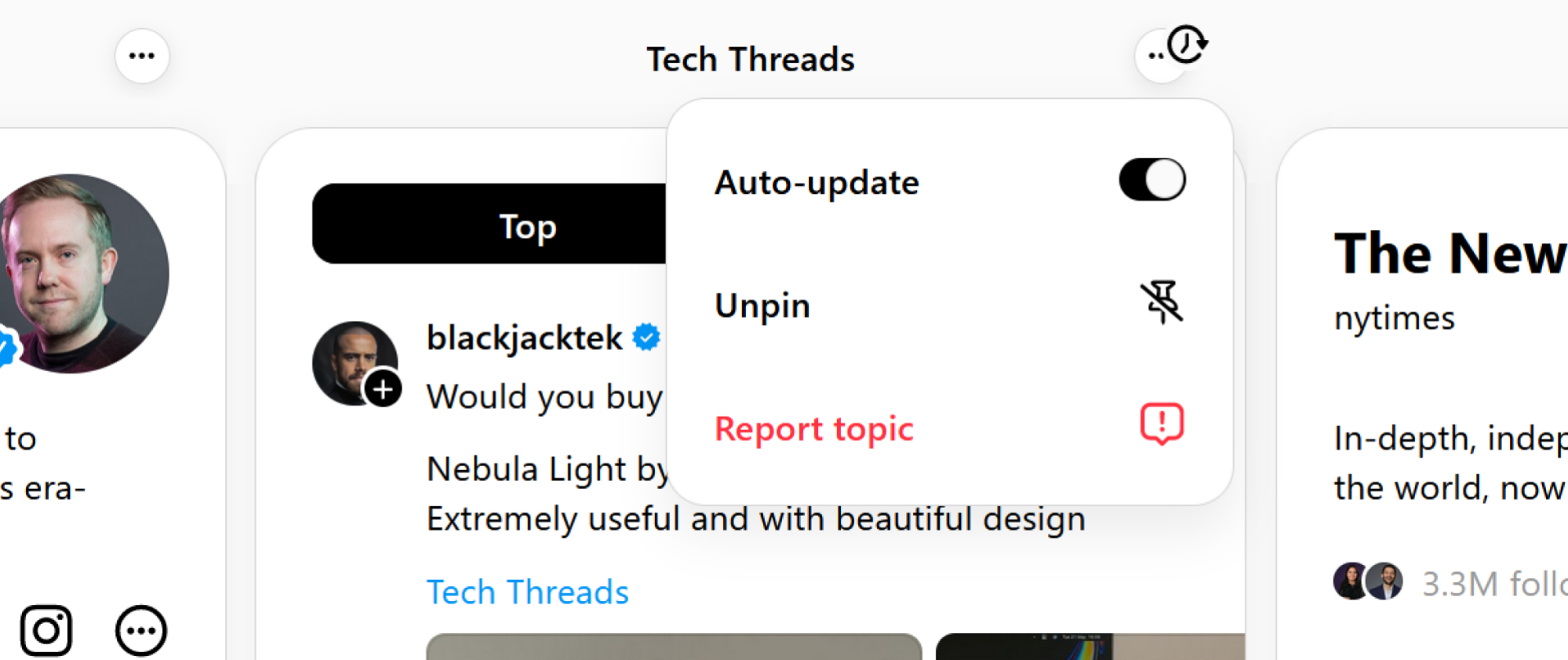 Mise à jour automatique ou suppression d'une colonne sur le site Web de Threads.