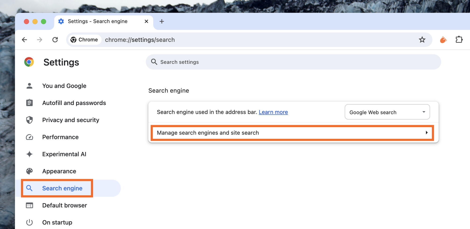 La fenêtre des paramètres de Chrome. L'onglet moteur de recherche est ouvert, les moteurs et le site sont surlignés dans la capture d'écran.