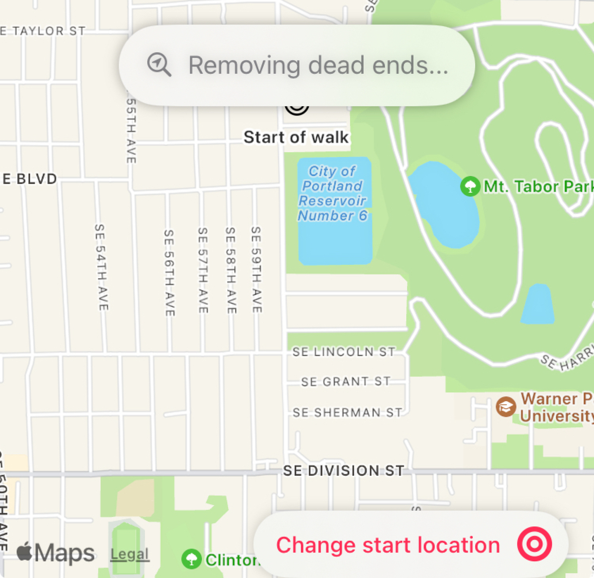Une carte montrant une partie aléatoire de Portland que j'ai fait défiler. Le texte 'éliminer les impasses' apparaît dans une bulle.