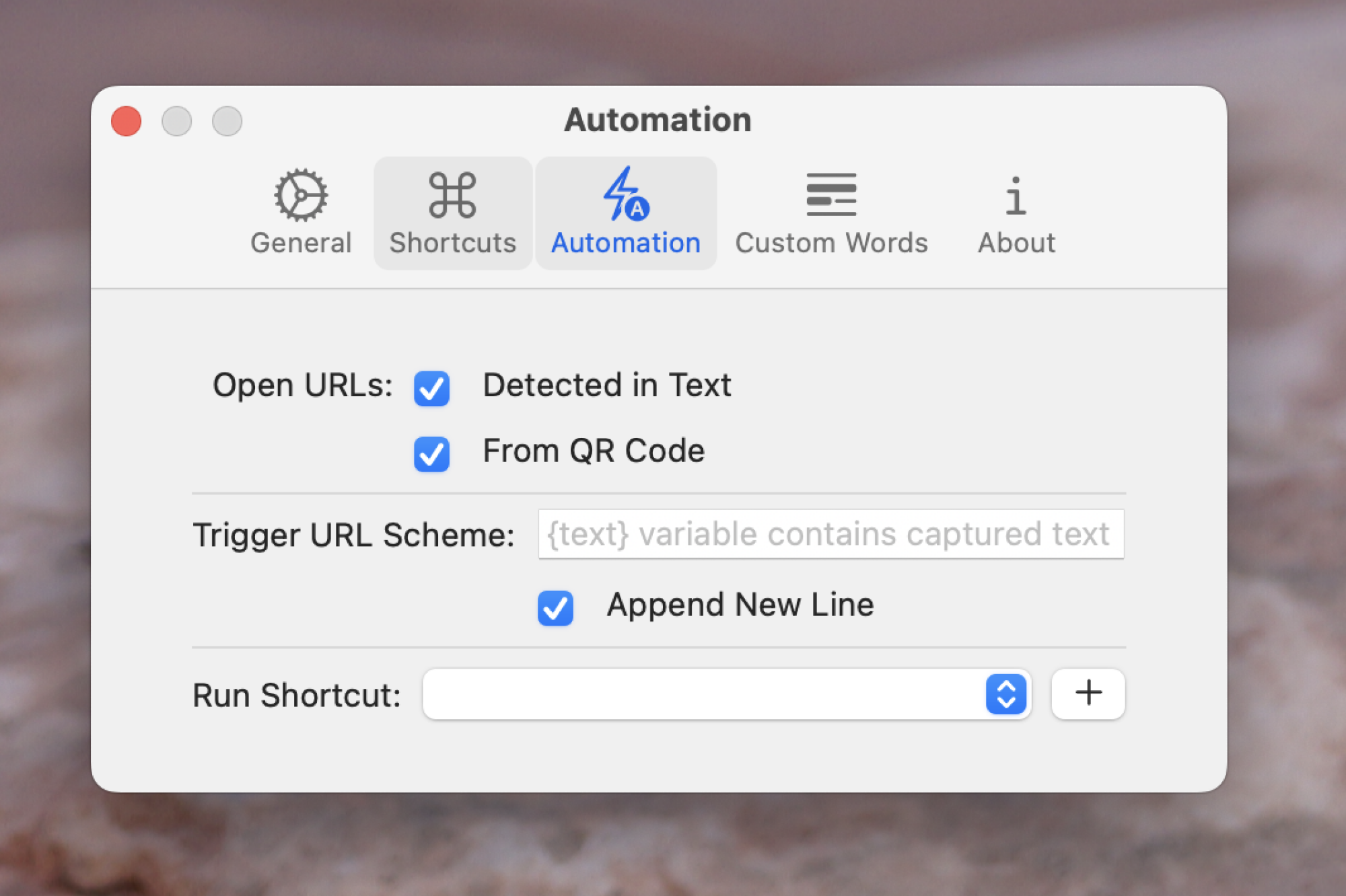 L'onglet d'automatisation des paramètres de TRex. Les options incluent l'ouverture d'URLs à partir du texte ou d'un QR code scanné, la capacité de déclencher un schéma d'URL, et même la possibilité de déclencher un raccourci.