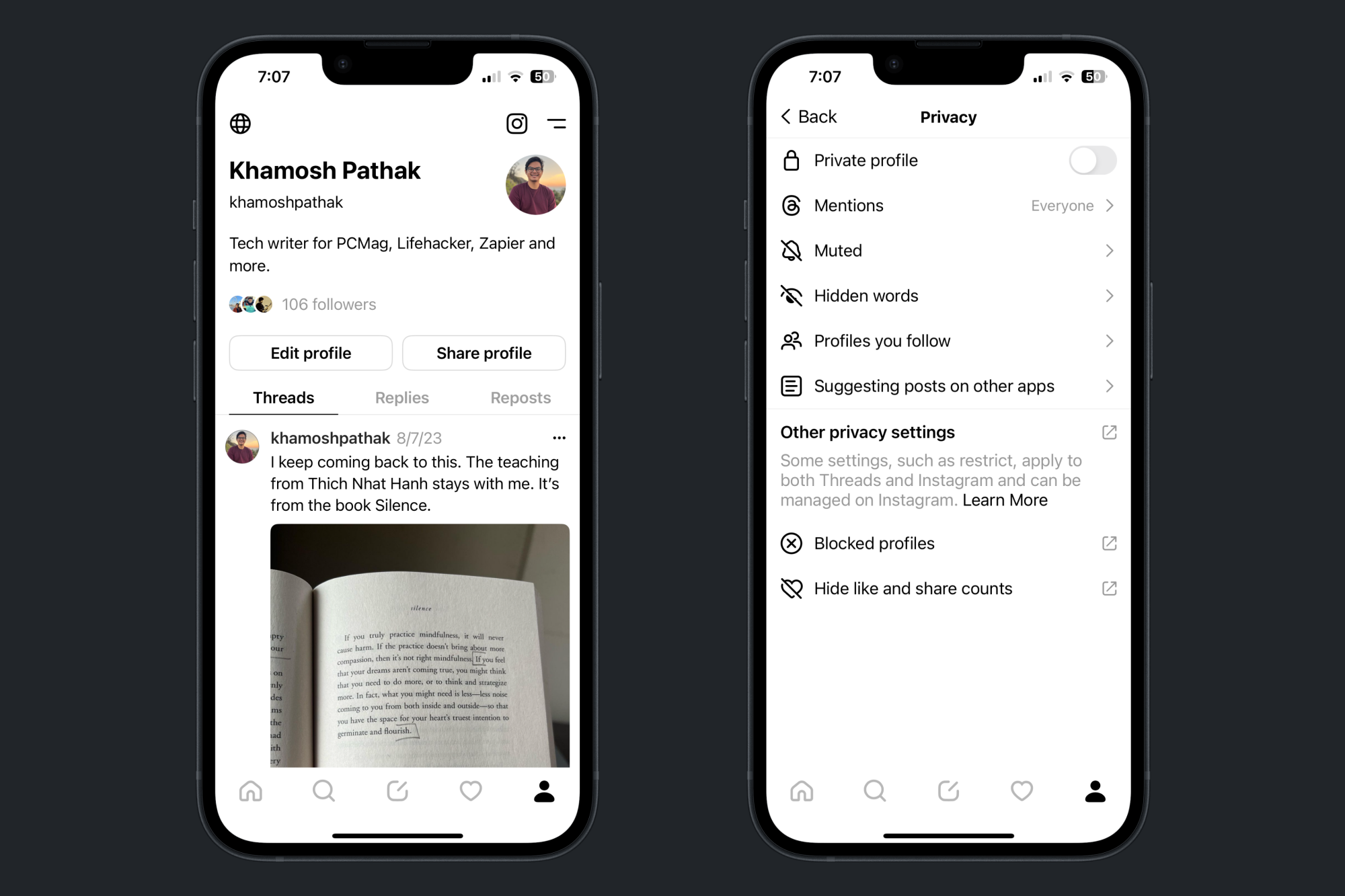 Choisir la section Mots cachés dans l'application Threads.