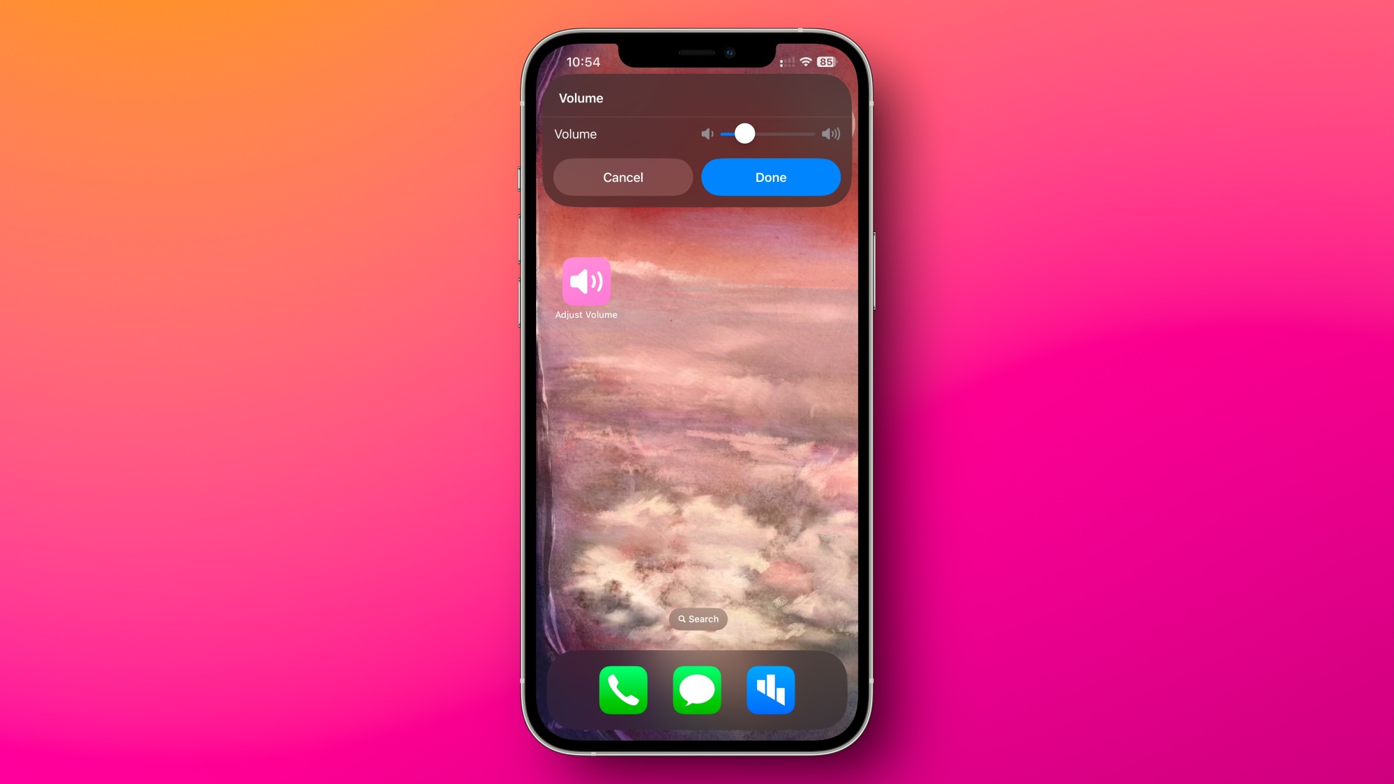 Un écran d'accueil d'iPhone avec le raccourci Ajuster le Volume en cours d'exécution. La fenêtre contextuelle affiche un curseur de volume.