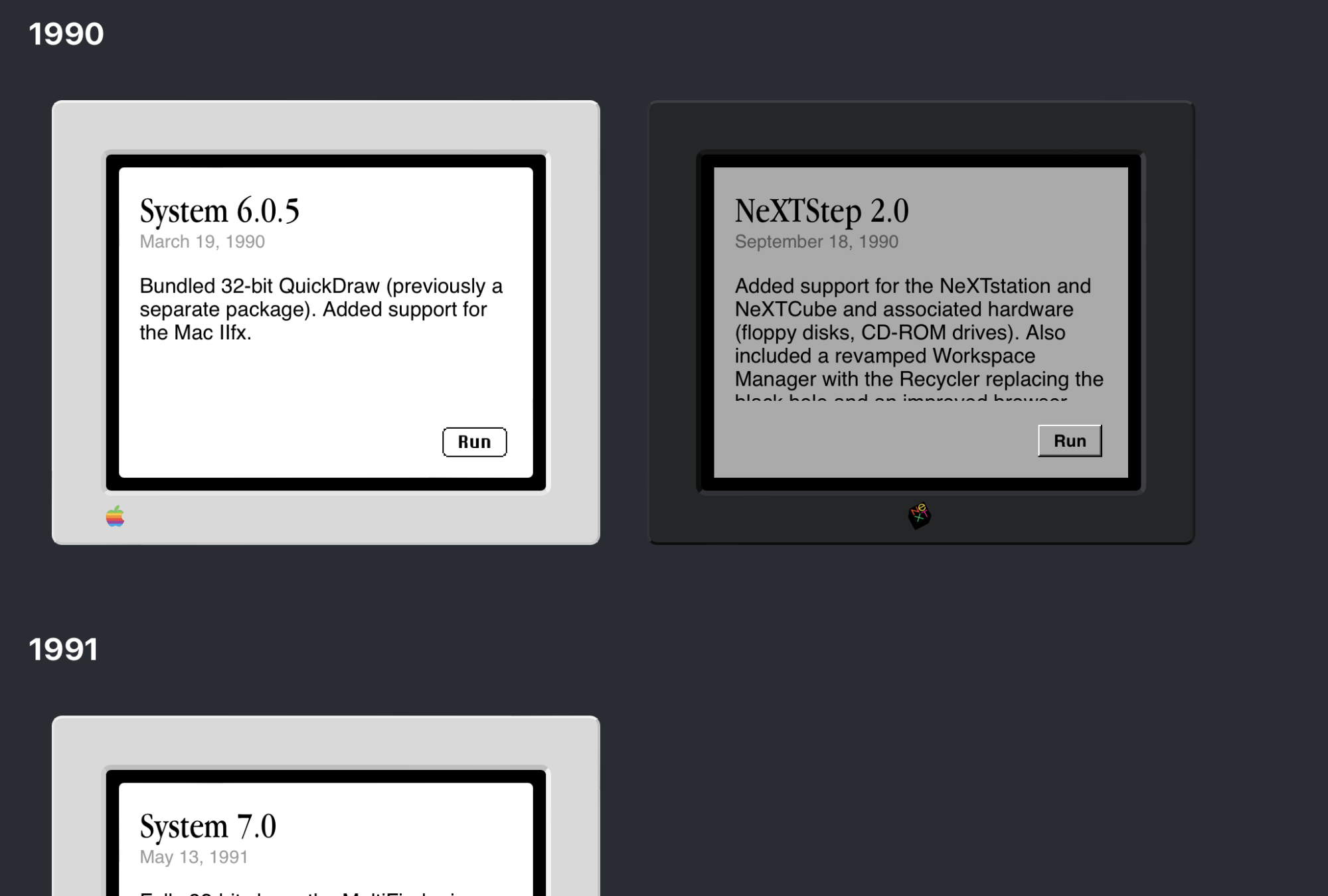 Différentes versions de Classic Mac OS. Chacune d'elles propose un bouton