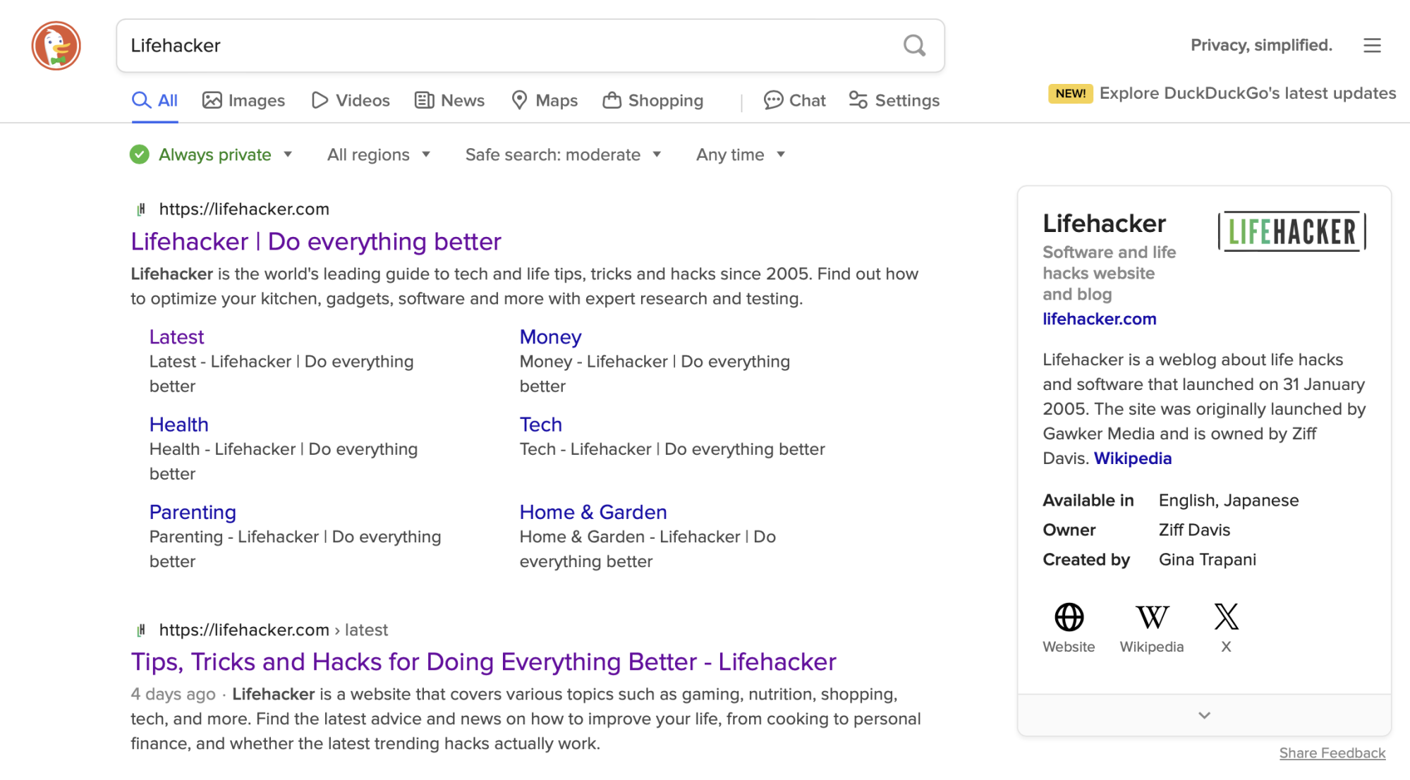 Une recherche DuckDuckGo pour le mot