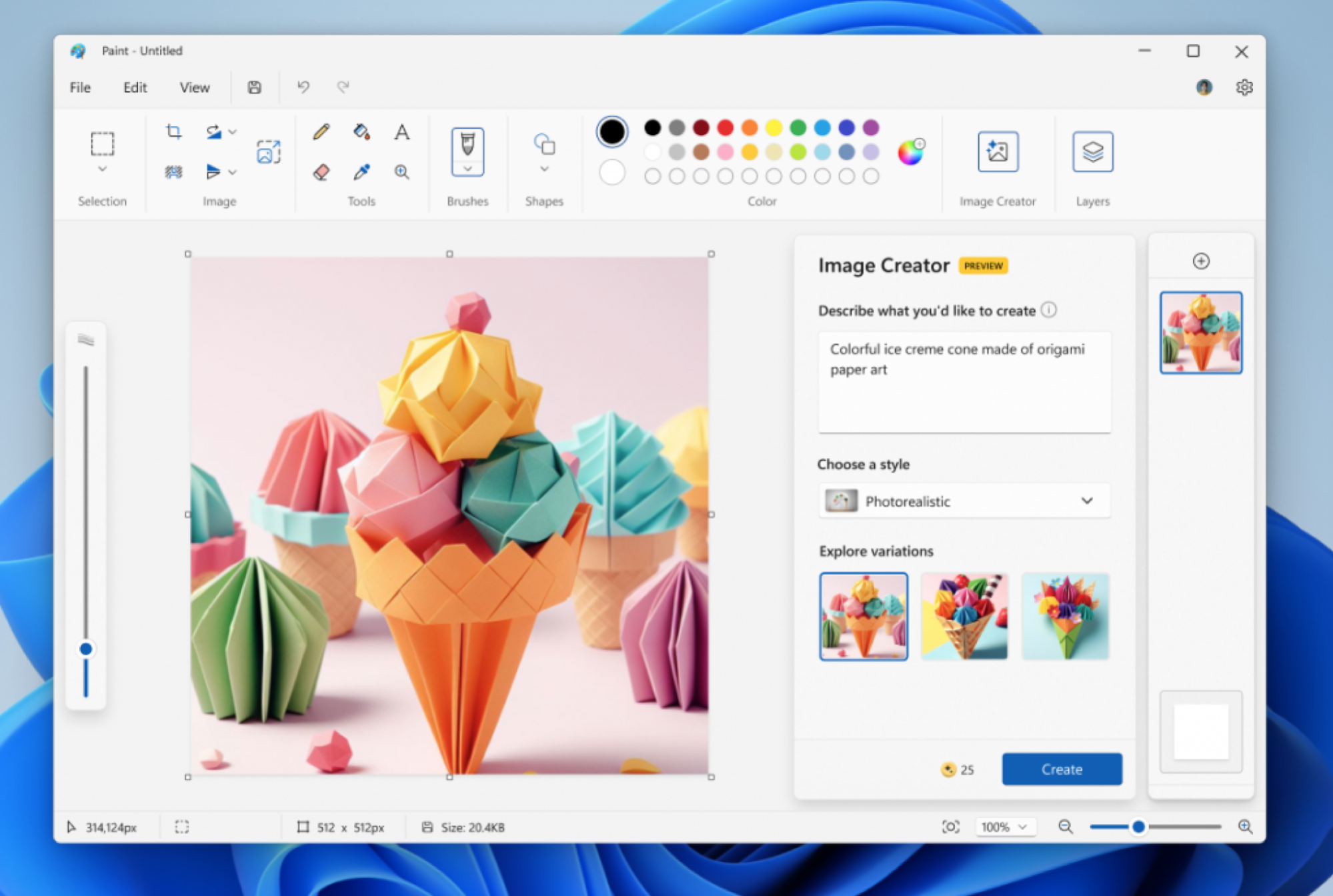 Une capture d'écran montrant le créateur d'images AI dans Microsoft Paint.