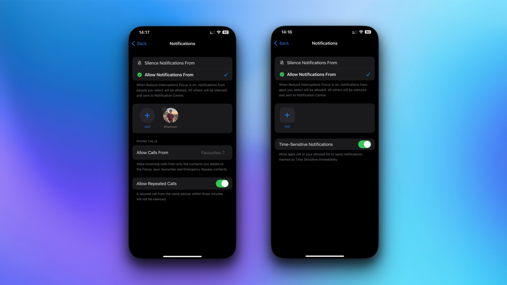 Deux captures d'écran d'iPhone montrant les pages de réglages pour configurer le mode de concentration Réduire les interruptions.