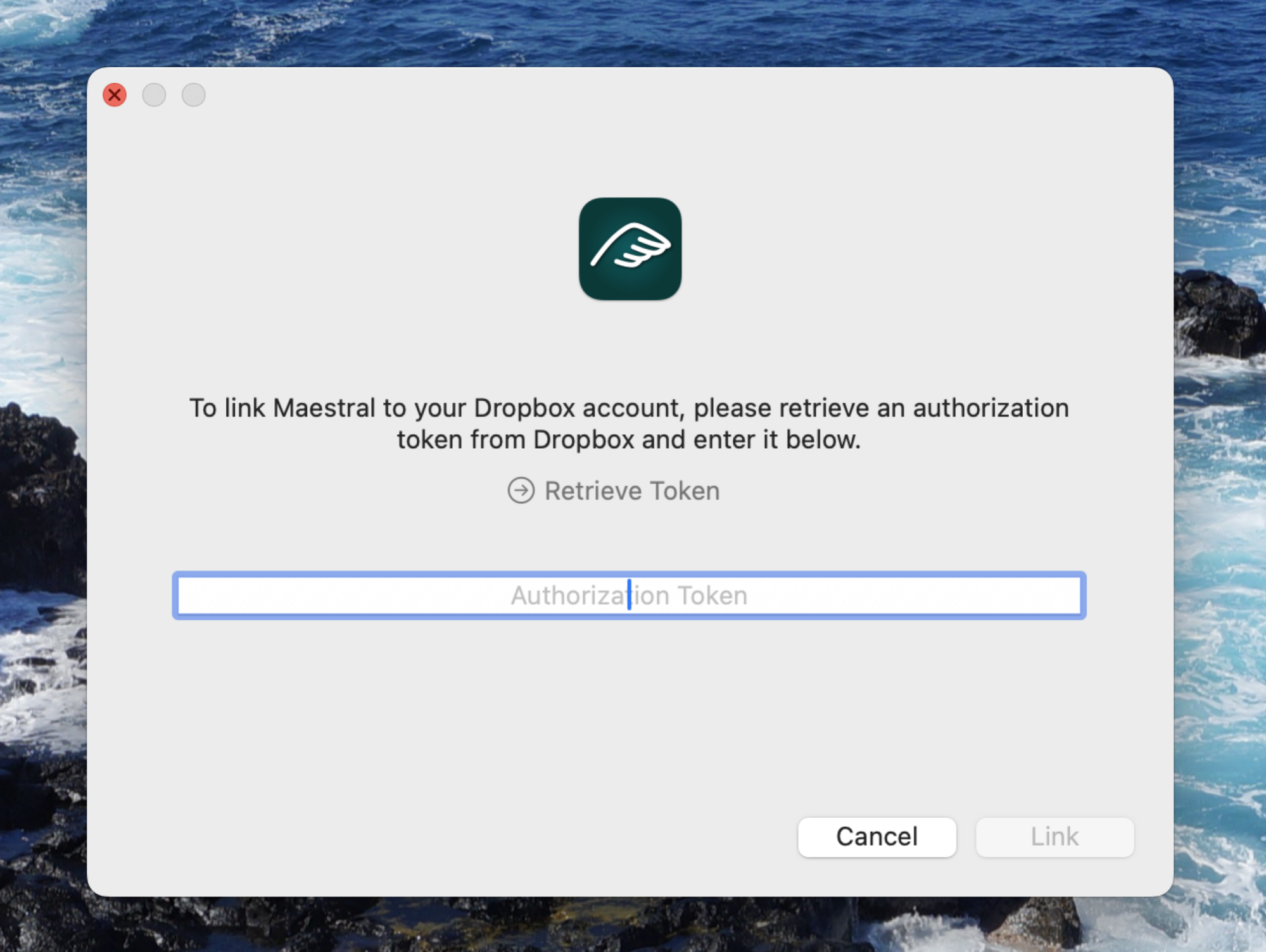 L'assistant de configuration de Maestral demande ici un jeton d'autorisation de Dropbox