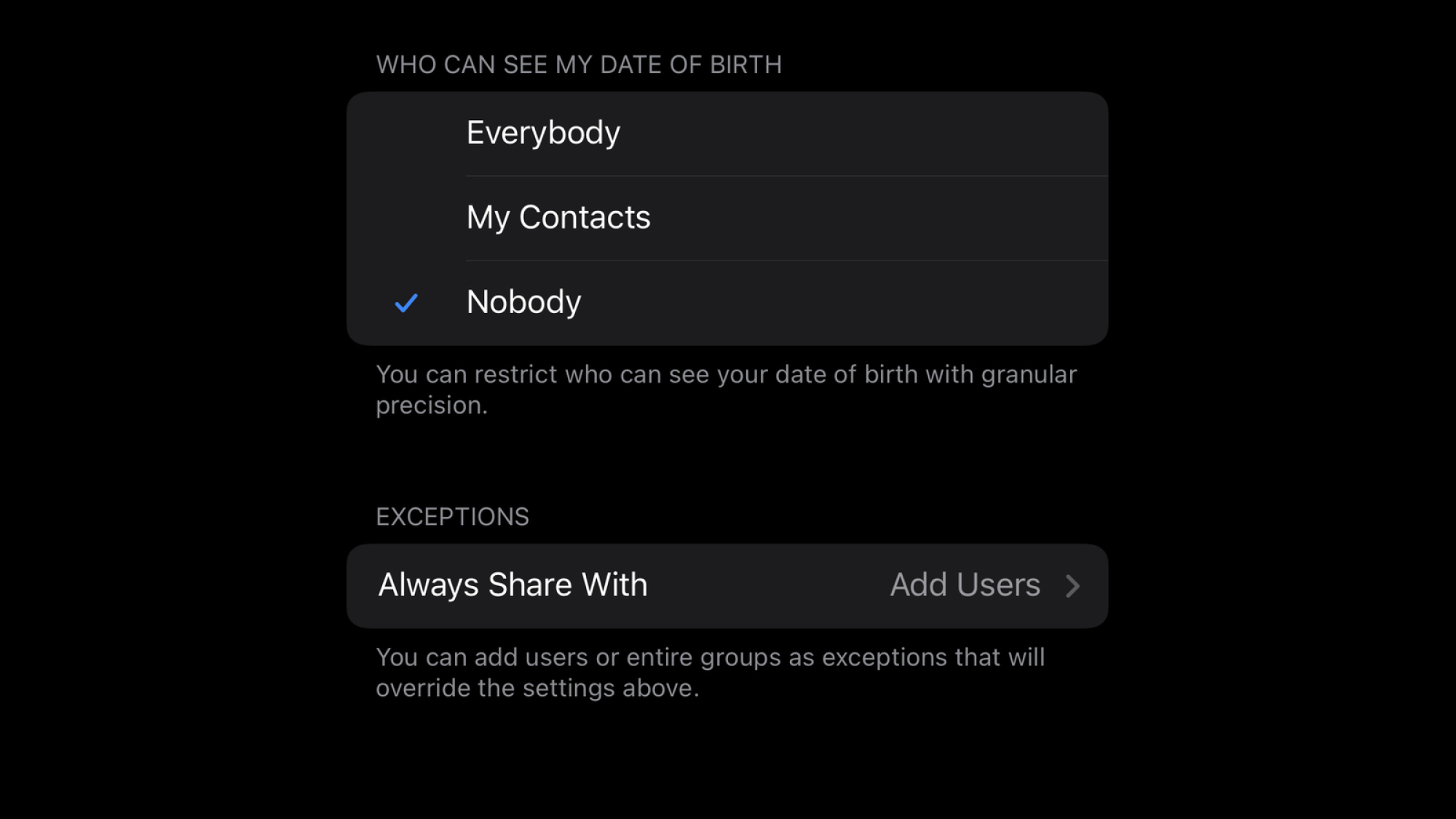 Une capture d'écran de Telegram montrant comment cacher votre date de naissance.