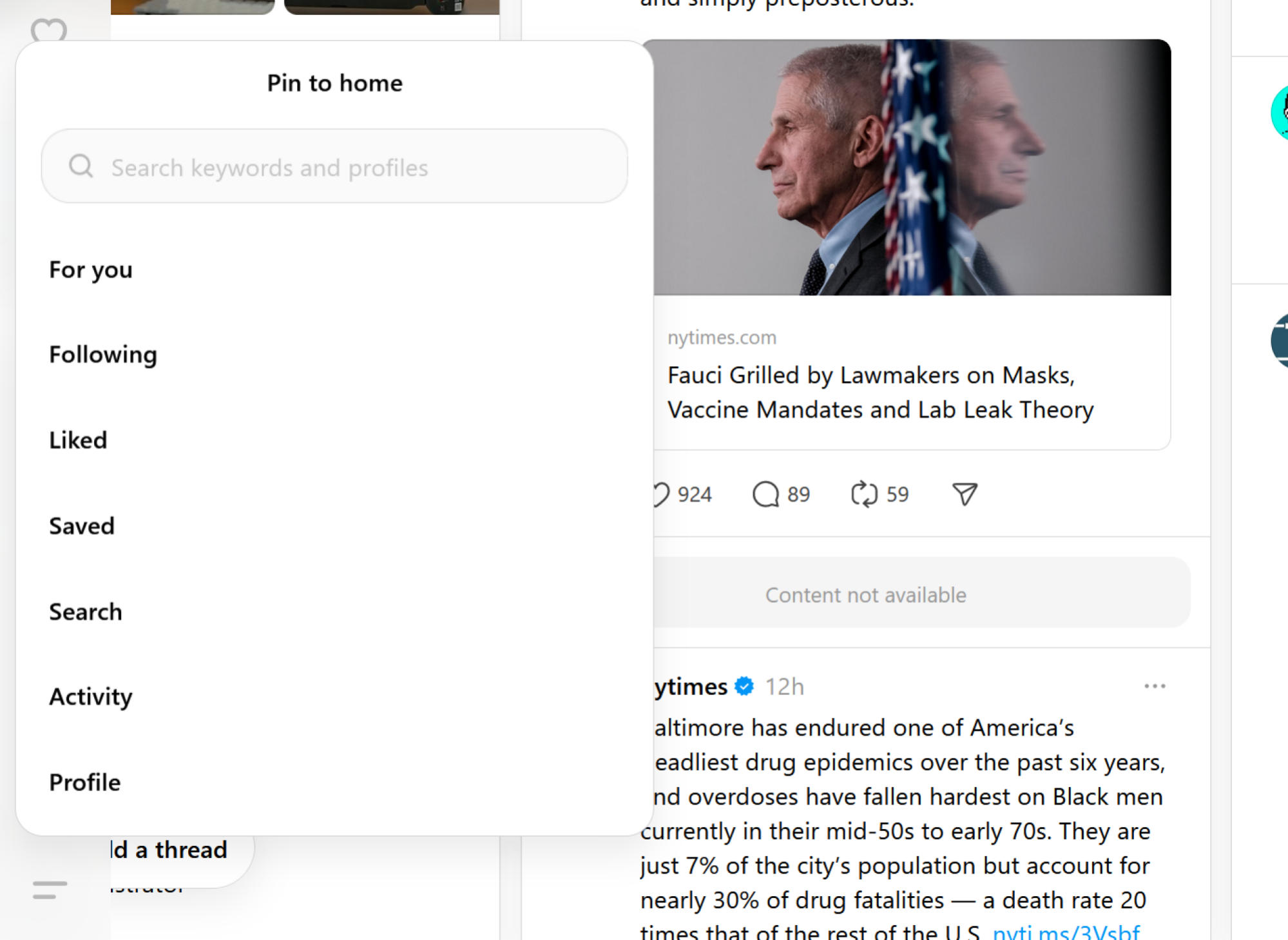 Épinglez des colonnes en utilisant le bouton Épingler dans la barre latérale du site Web de Threads.