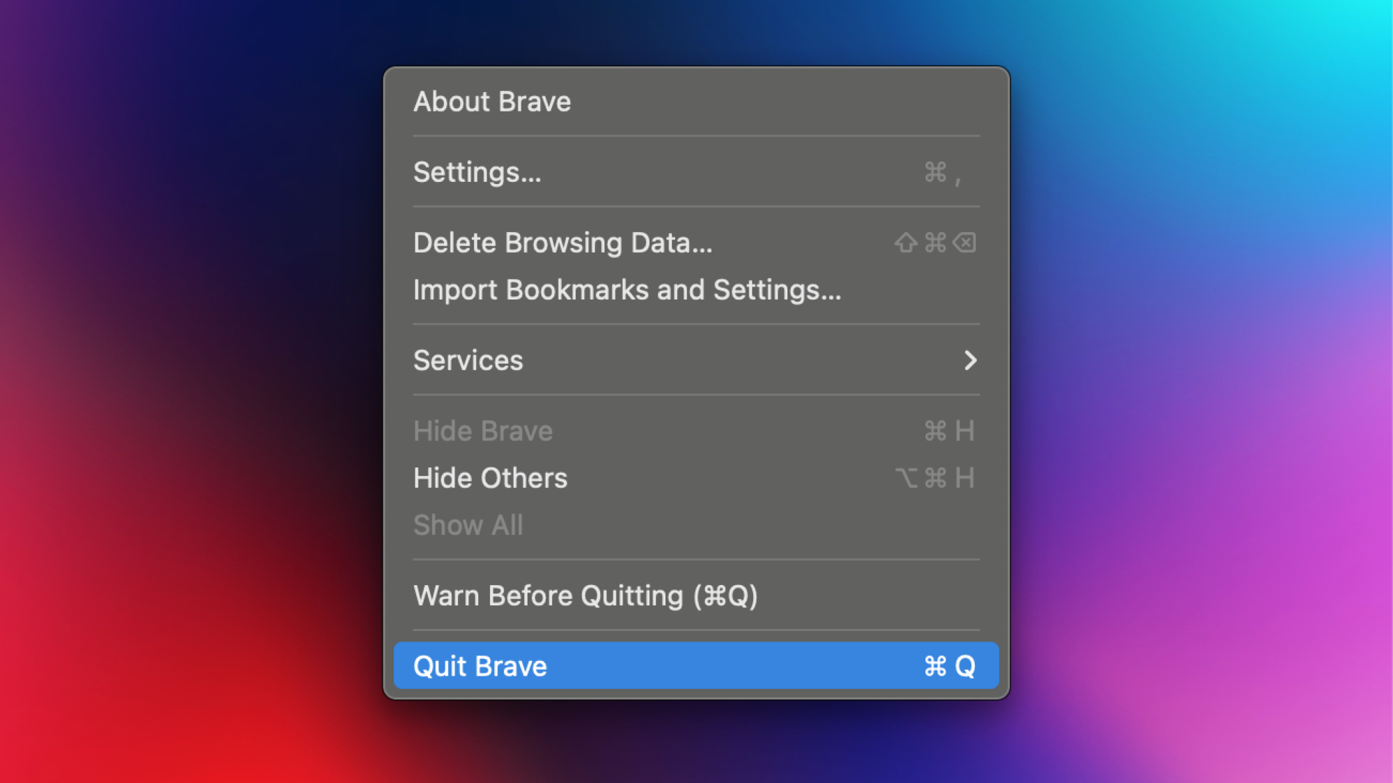 Les options qui apparaissent lorsque vous cliquez sur le menu Brave avec l'application ouverte sur un Mac, avec l'option Quitter mise en surbrillance.
