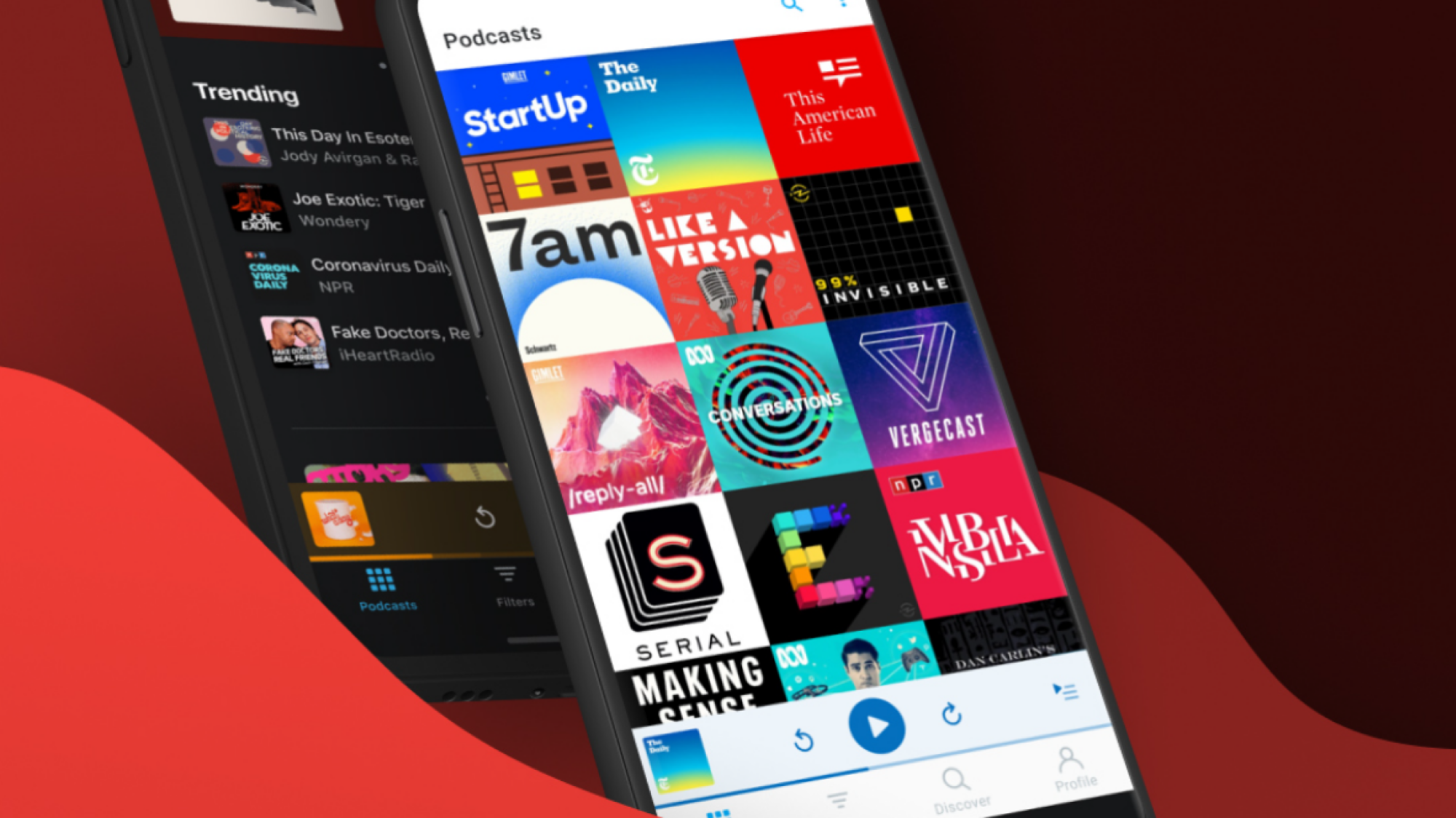 Photo stylisée de l'application PocketCasts fonctionnant sur deux smartphones.