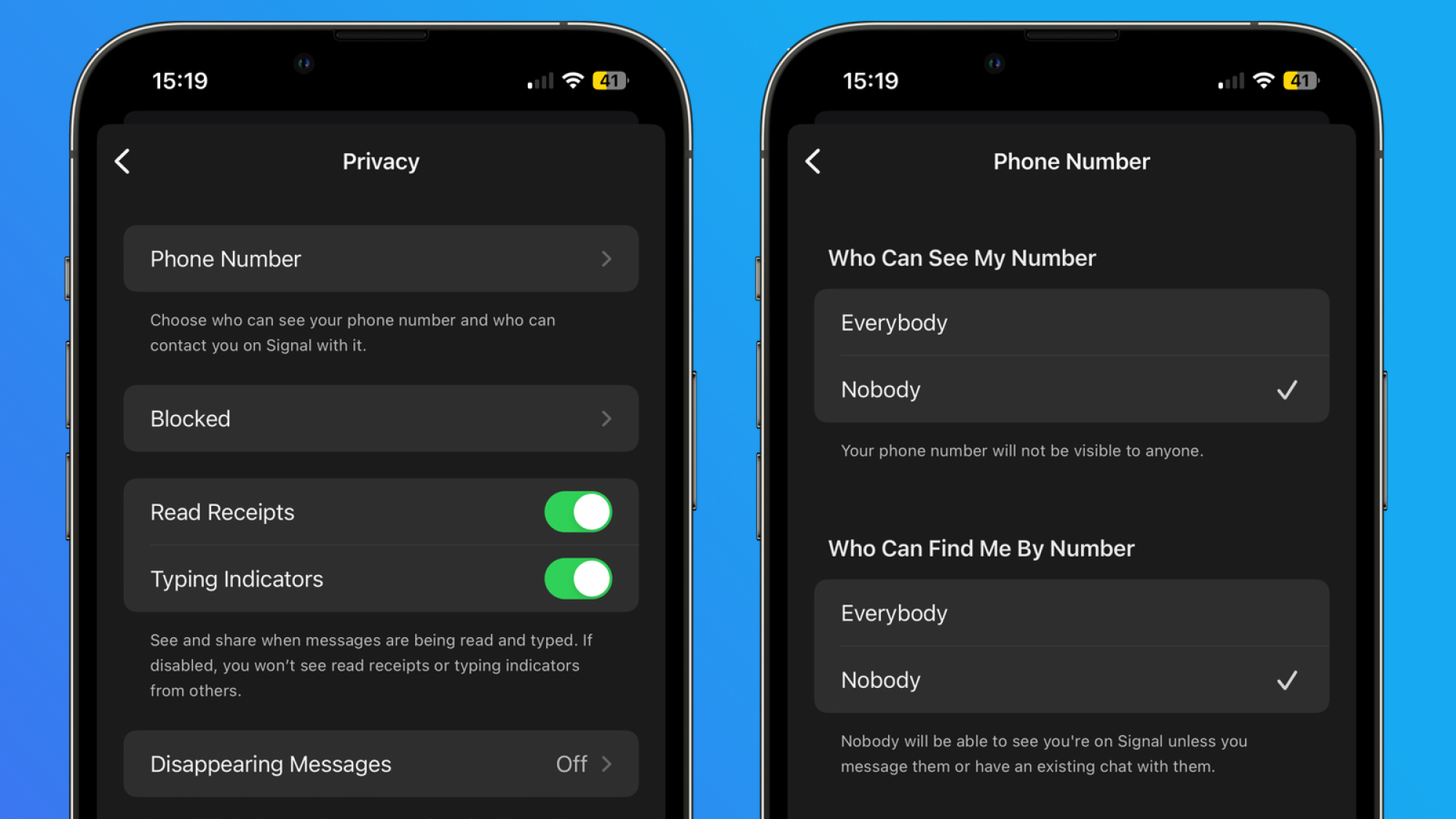 L'écran des paramètres de confidentialité de Signal sur un iPhone, montrant les options pour masquer votre numéro de téléphone de tout le monde.