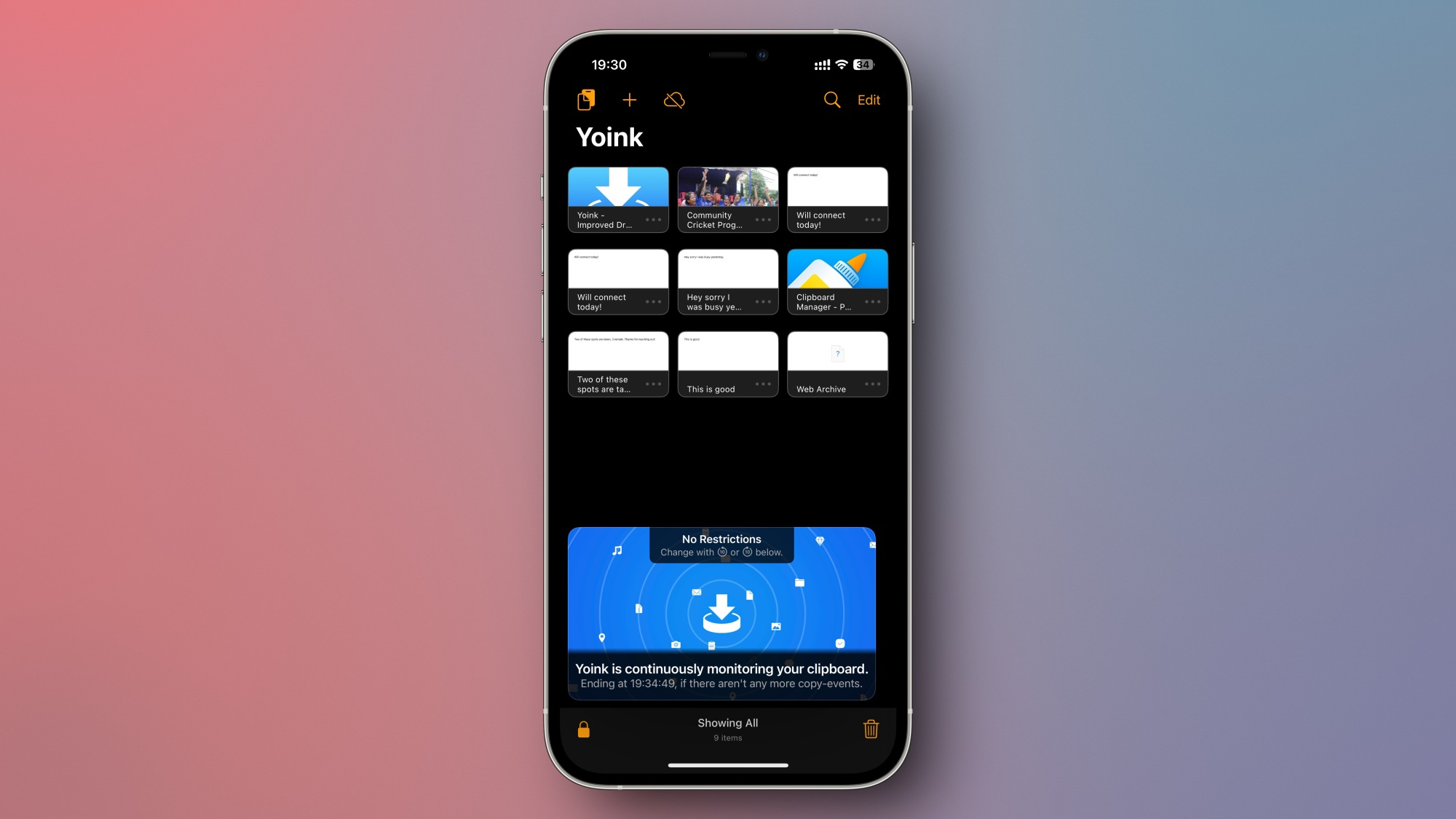 Yoink avec le gestionnaire de presse-papiers activé sur l'iPhone.