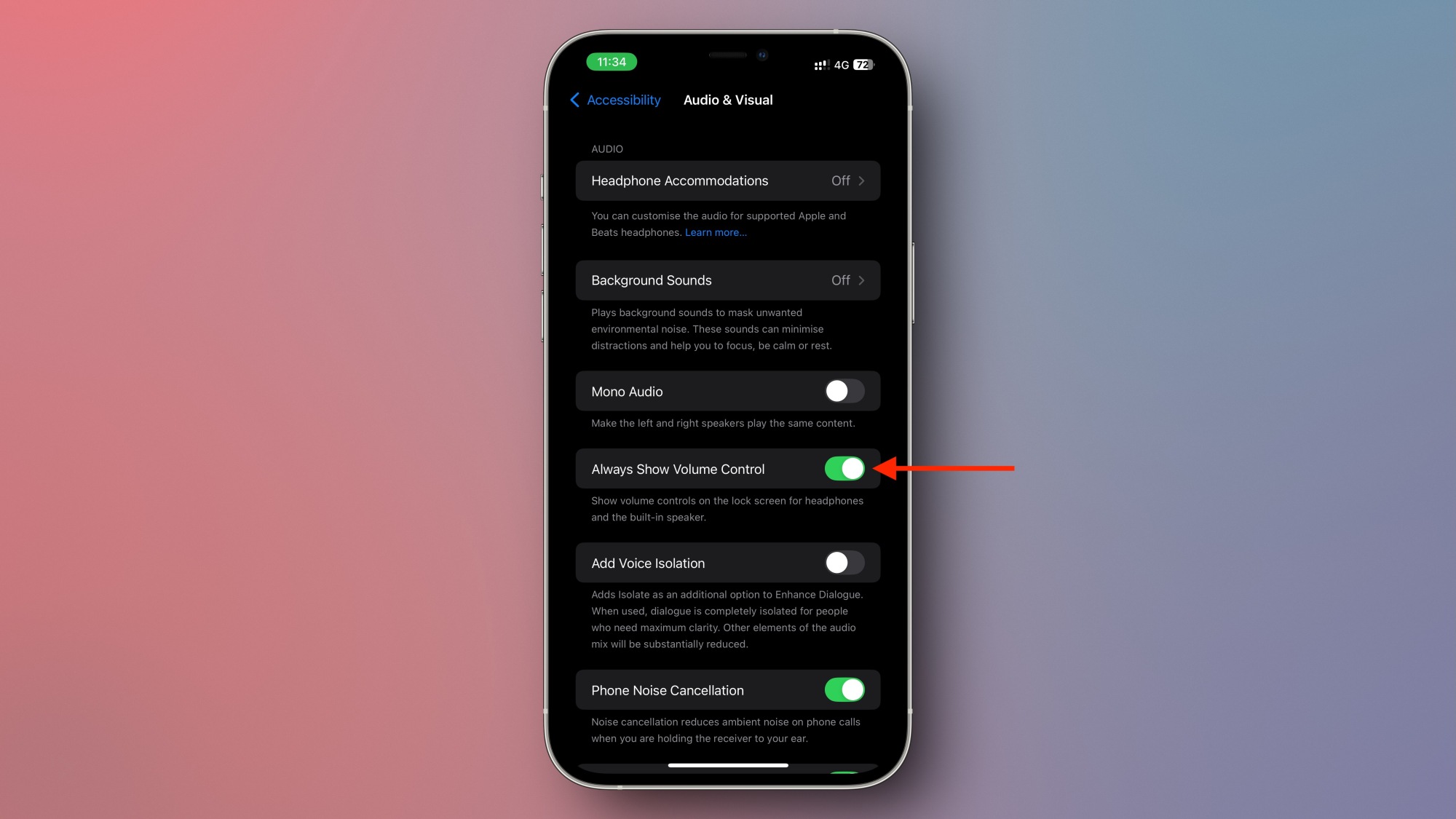 L'option Toujours Afficher le Contrôle de Volume dans les paramètres d'iOS 18.2 sur un iPhone.