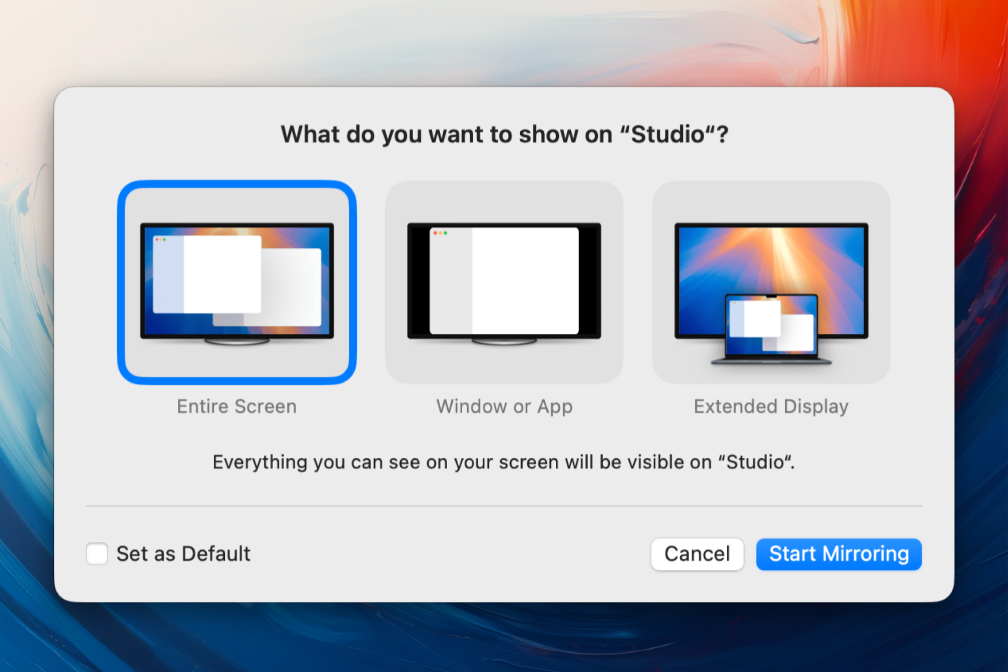 Options de mirroring dans macOS Sequoia.