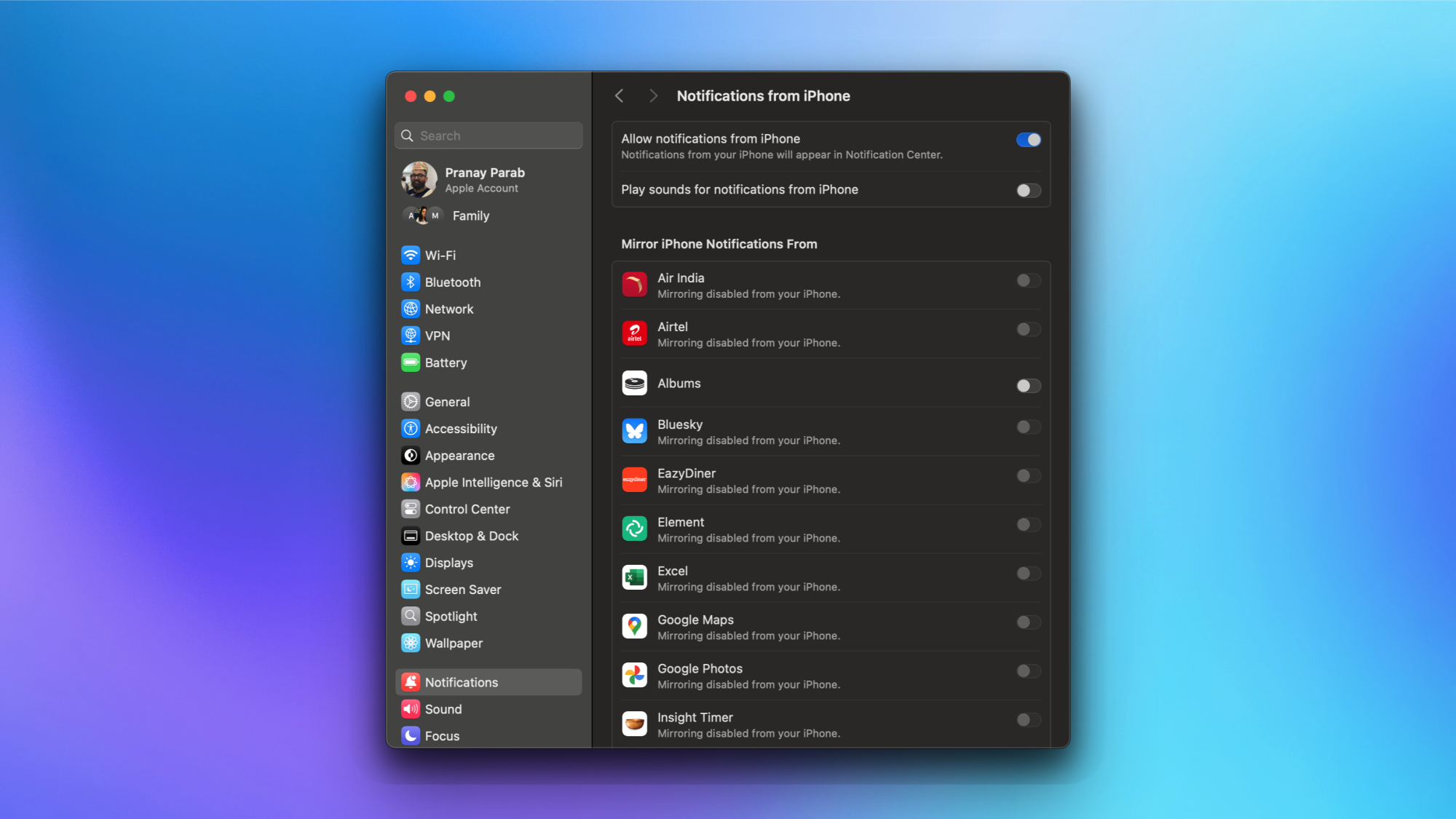 Une page de paramètres Mac montrant le contrôle des notifications de l'iPhone.