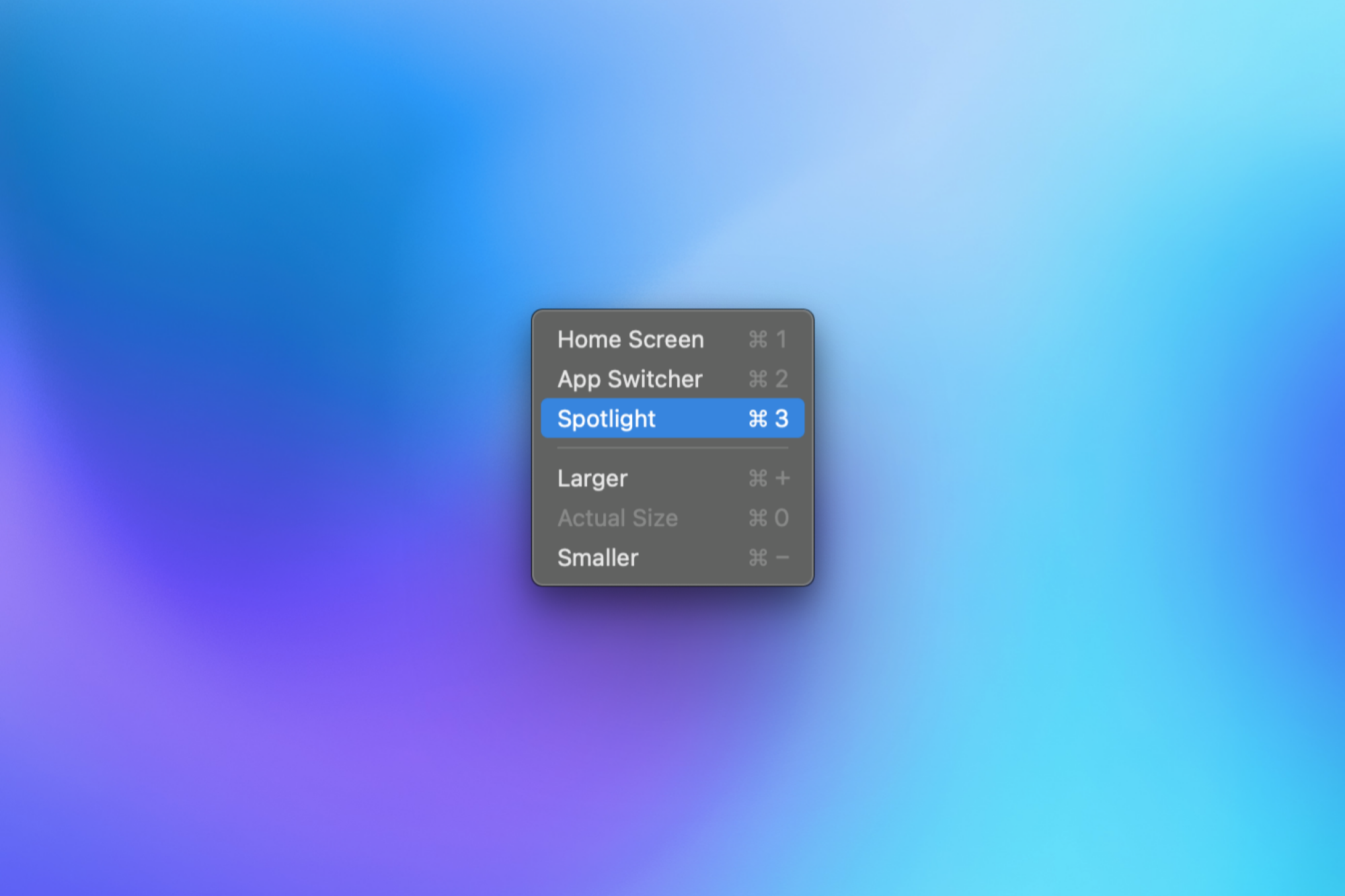 Un menu déroulant montrant les raccourcis clavier pour Miroir d'iPhone.