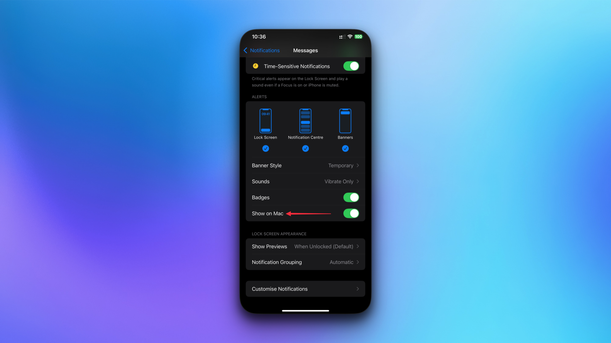 La fonctionnalité Afficher sur Mac des notifications iPhone, affichée dans une page de paramètres iPhone.
