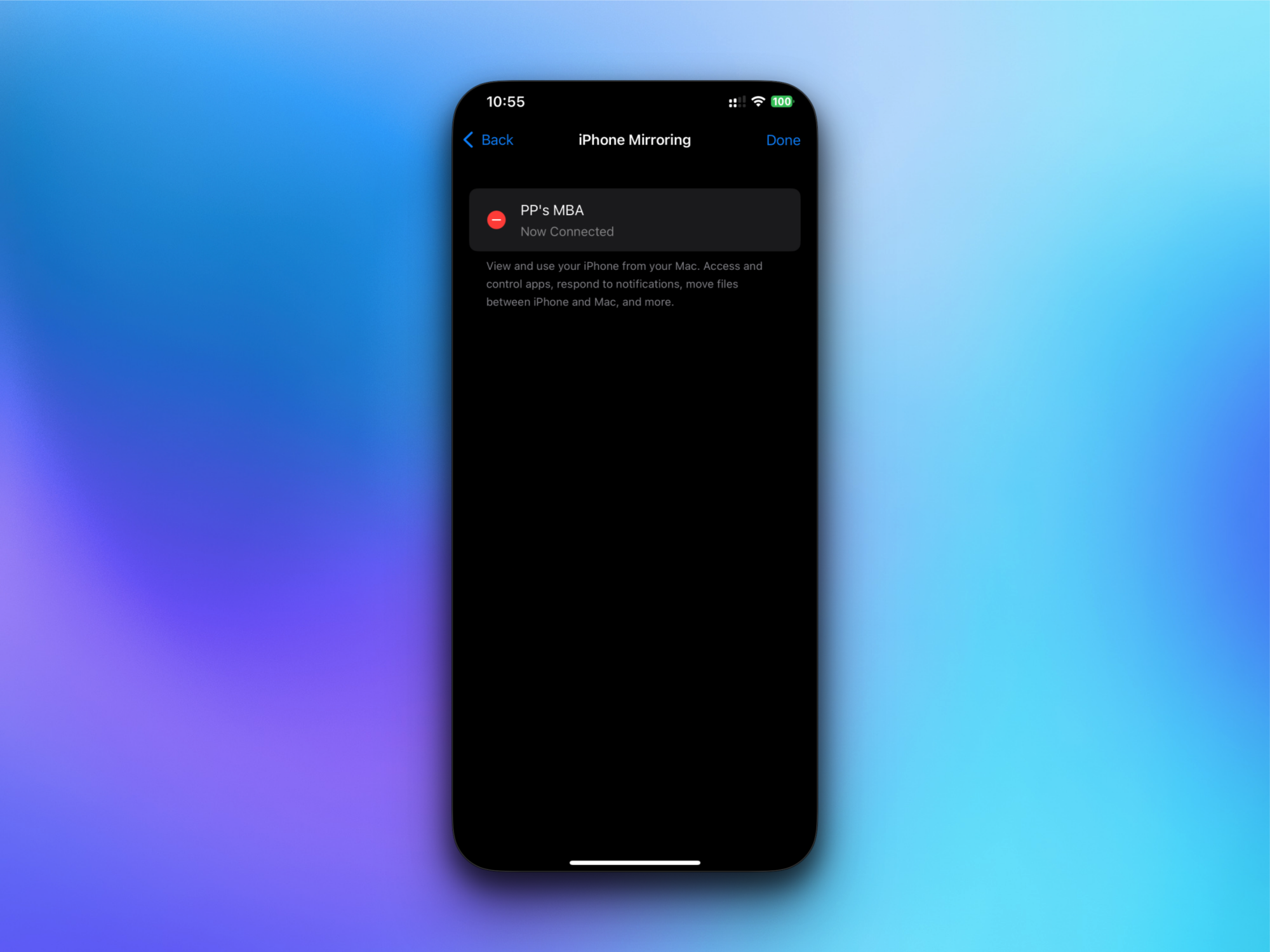 Une page de paramètres iPhone montrant l'option pour retirer un Mac du miroir d'iPhone.