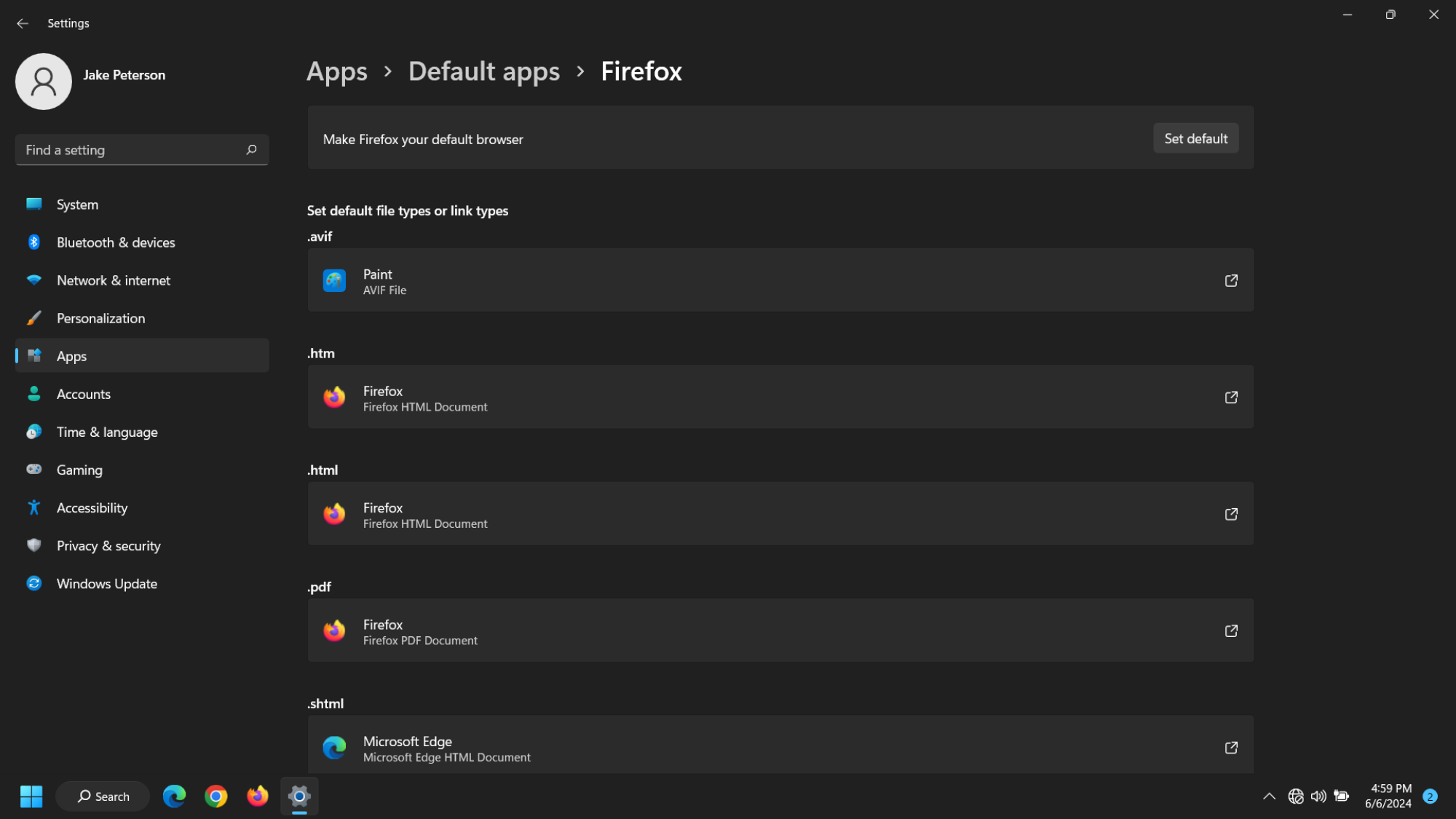 paramètres des applications par défaut