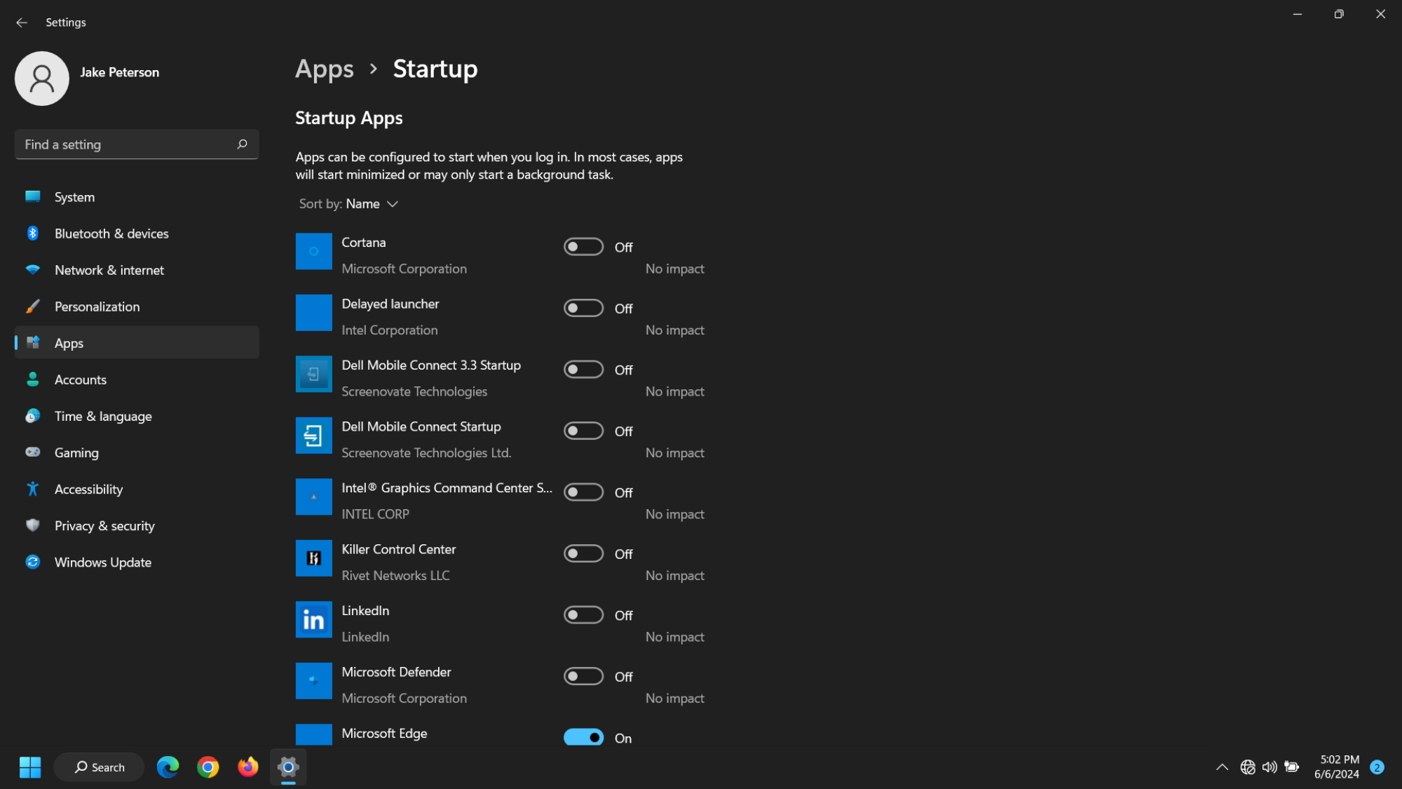 paramètres des applications de démarrage