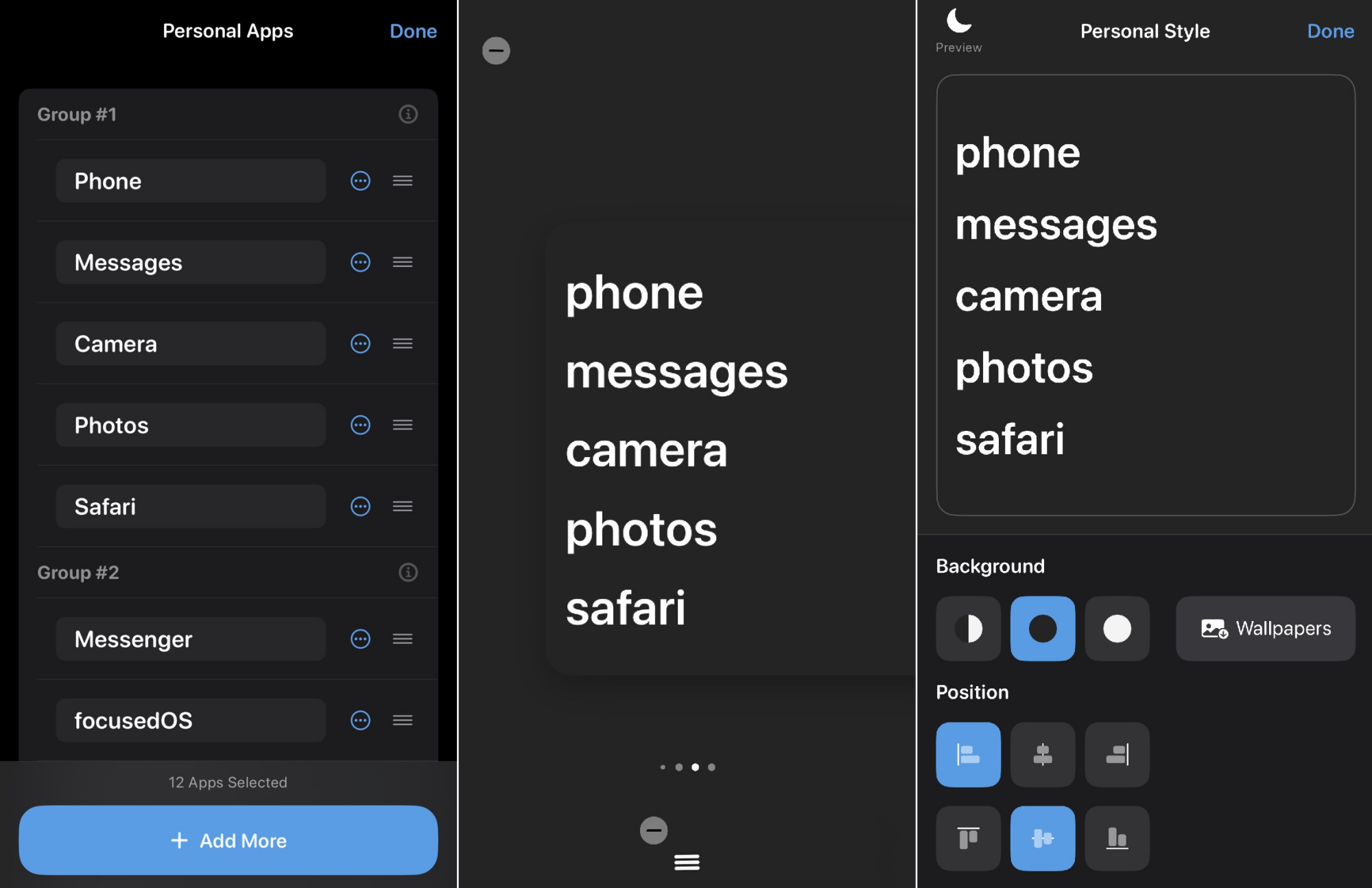 Trois captures d'écran de Dumb Phone. La première montre l'utilisateur définissant des noms pour les applications, la deuxième montre l'application en action, et la troisième montre les options de personnalisation, y compris la couleur du widget et l'alignement du texte.