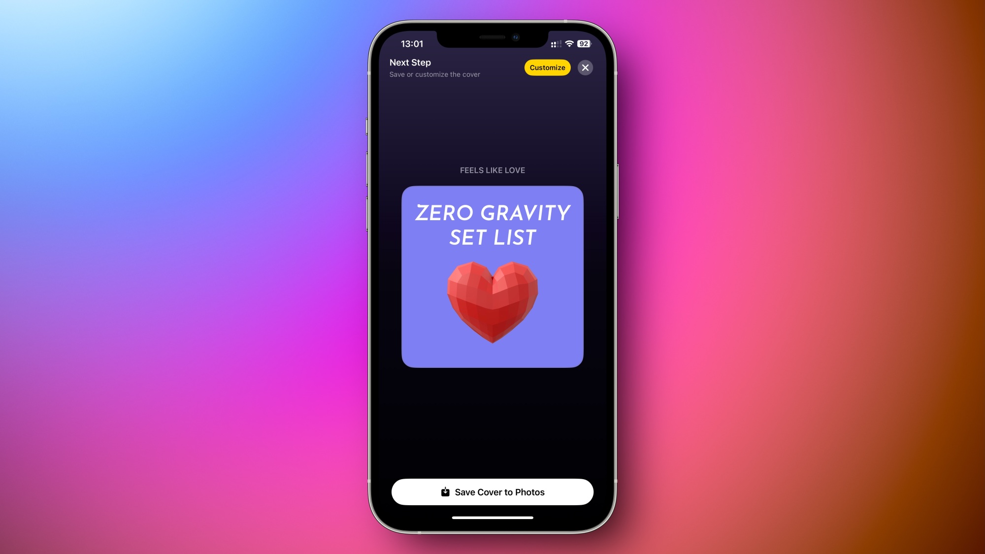 Une couverture de playlist personnalisée intitulée, 'zero gravity set list' avec un fond bleu et un cœur rouge créé dans l'application denim pour iphone.