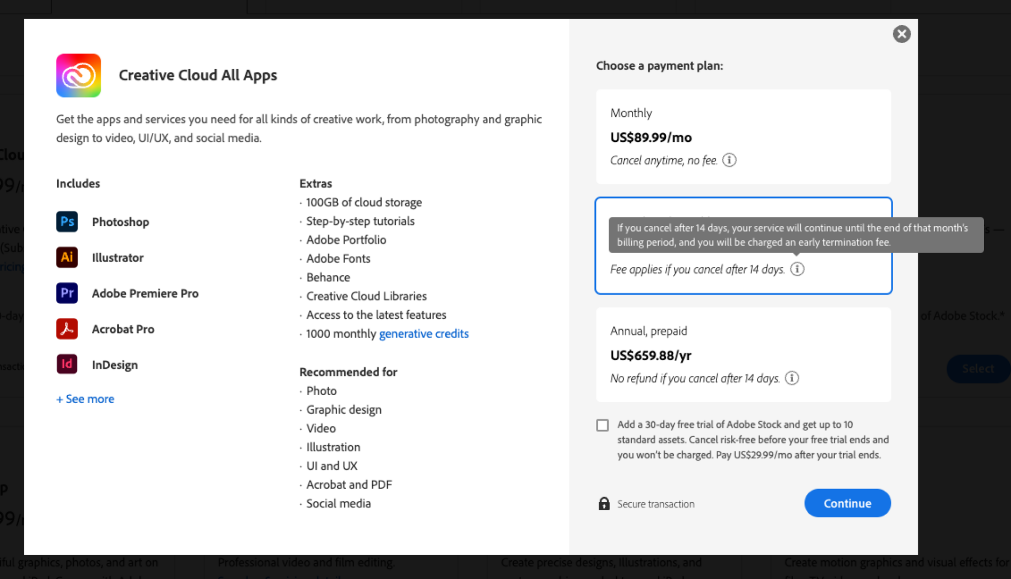 Une capture d'écran des prix d'Adobe pour son plan par défaut