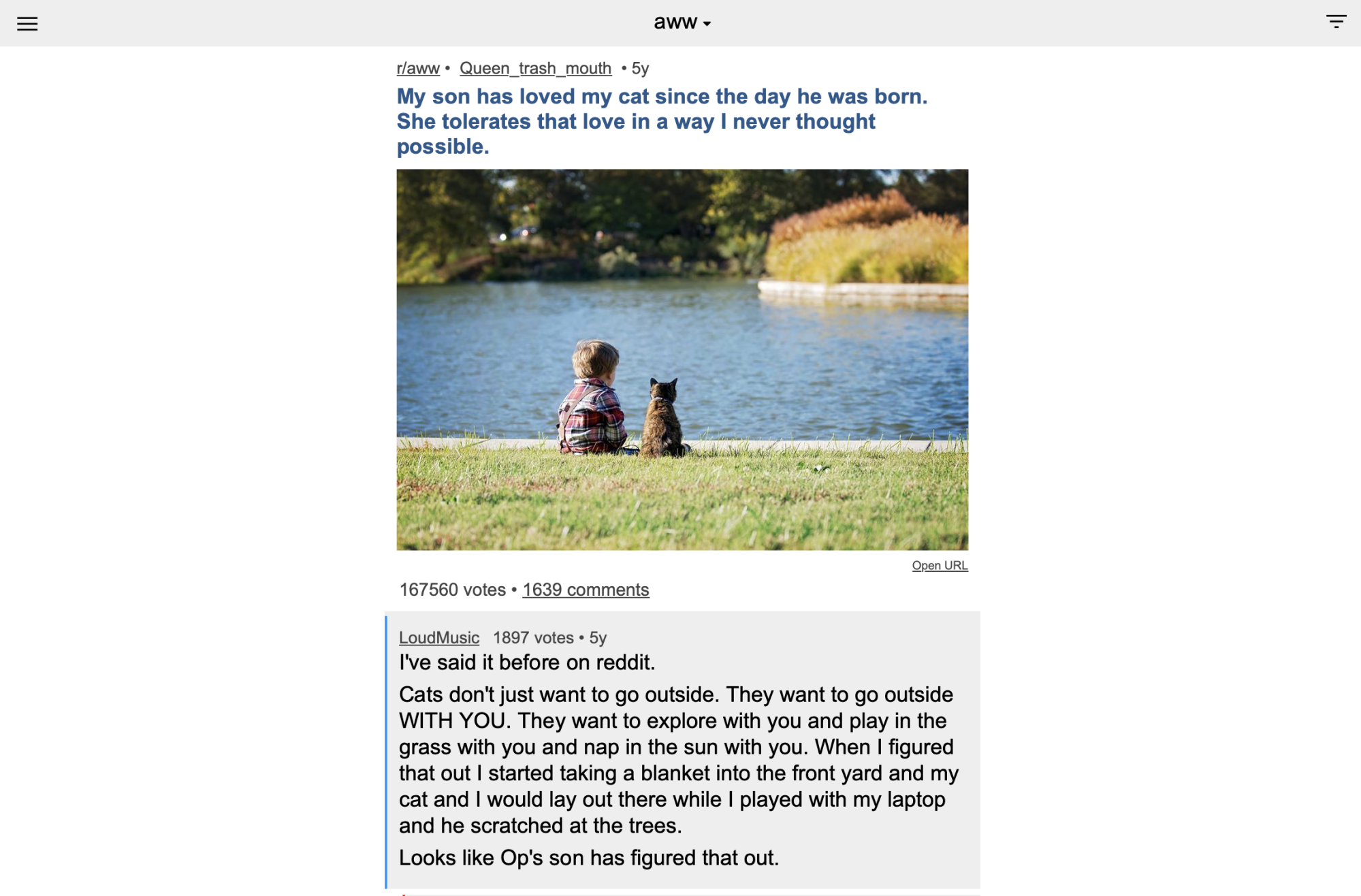 Une autre publication Reddit mignonne, cette fois avec un tout-petit et un chat assis dehors près d'un étang. Il y a un commentaire : "Les chats ne veulent pas juste sortir. Ils veulent sortir AVEC VOUS. Ils veulent explorer avec vous, jouer dans l'herbe avec vous et faire la sieste au soleil avec vous. Quand j'ai compris cela, j'ai commencé à prendre une couverture dans le jardin avant et mon chat et moi restions là pendant que je jouais avec mon ordinateur portable et qu'il grattait les arbres.