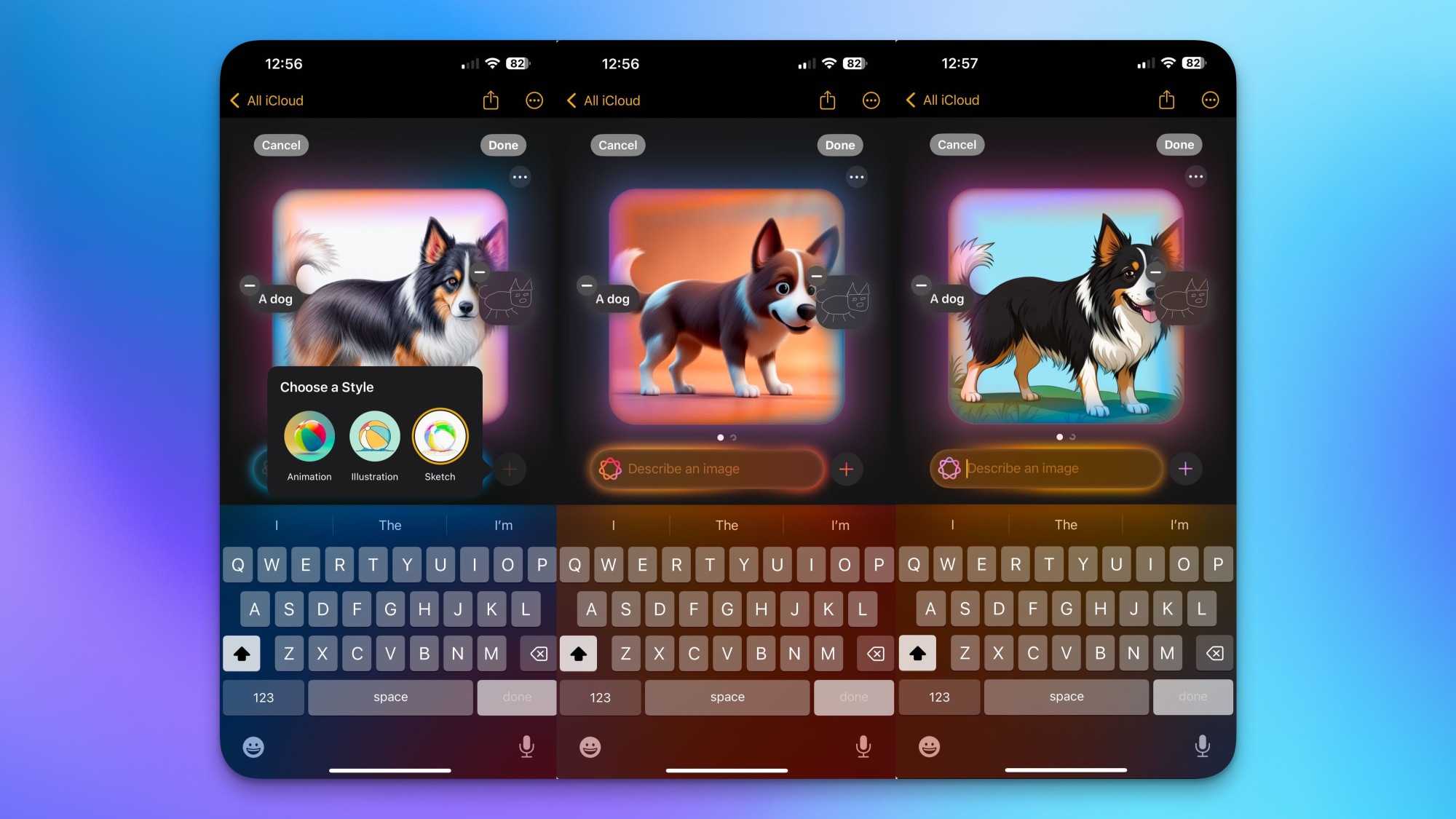 Intégration d'Image Playground avec Apple Notes, montrée en trois captures d'écran. Chaque image d'un chien est dans un style d'animation différent.
