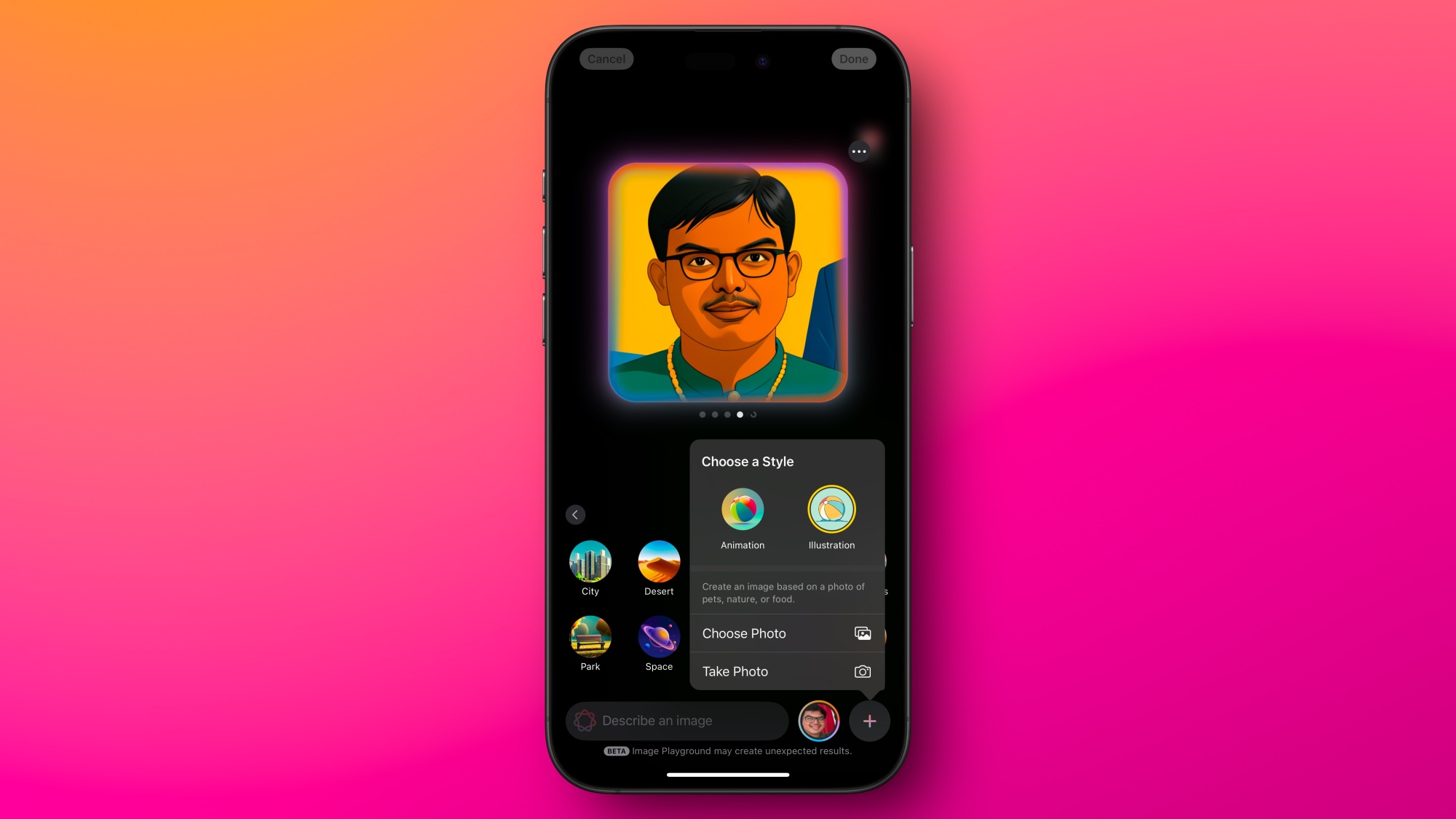 L'application Image Playground dans iOS 18.2, montrant un portrait en style illustration.