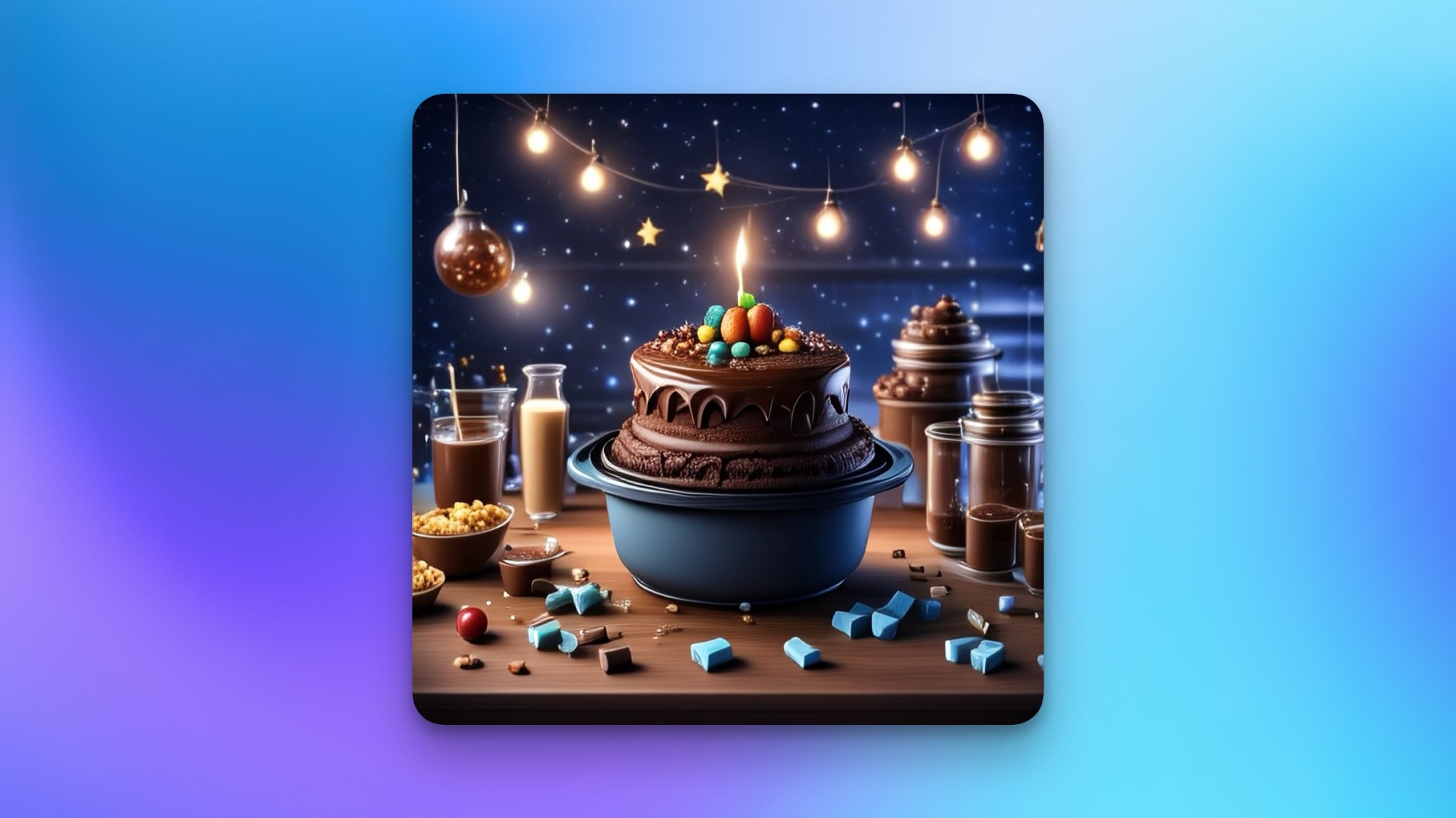 Une image générée par IA d'une cocotte en fonte avec un gâteau au chocolat à l'intérieur et une bougie allumée au sommet. À l'arrière-plan, il y a des ampoules contre un ciel étoilé.
