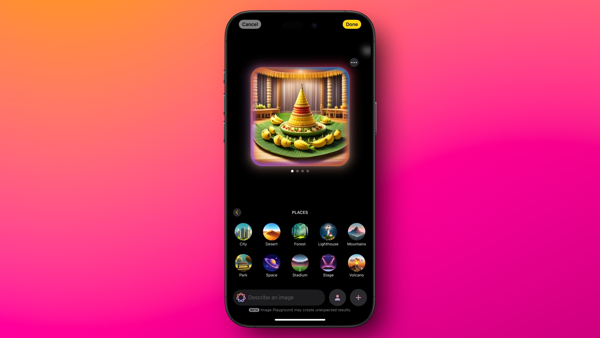 L'application Image Playground dans iOS 18.2, montrant de la nourriture décorée sur une feuille de bananier.