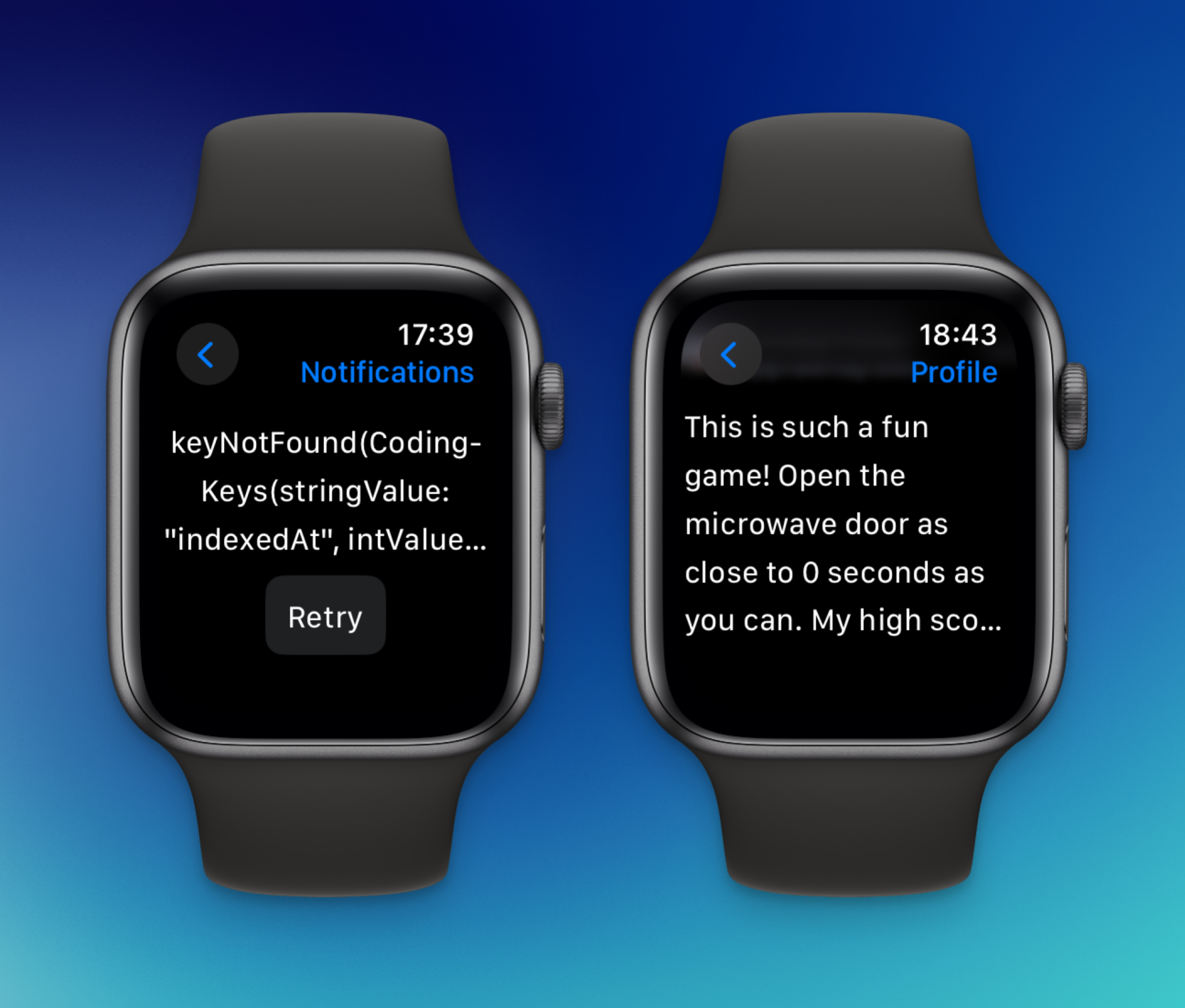 Deux captures d'écran de l'application Butterfly sur l'Apple Watch, montrant des erreurs.