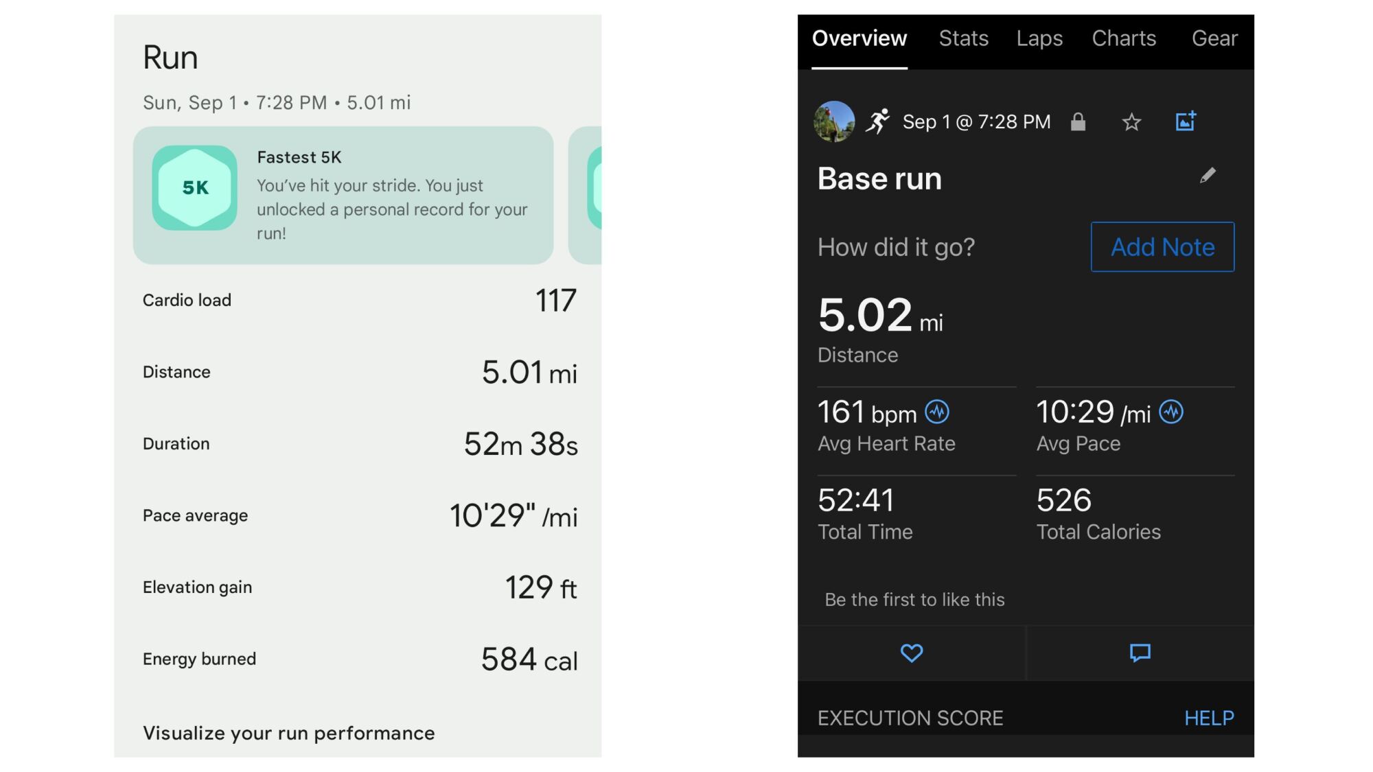 À gauche : Pixel Watch 3 (application Fitbit) / À droite : Garmin Forerunner 265 de la même course